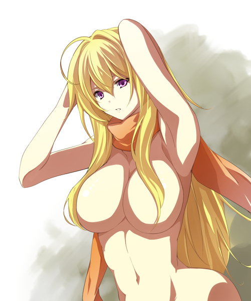 big breasts, blonde hair, breasts, female, hair, human, pink eyes, rwby, scarf, solo, yang xiao long