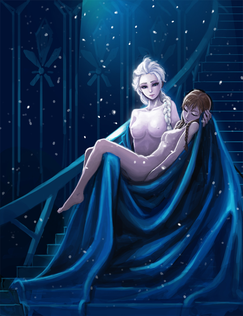 2girls anna_(frozen) blue_eyes braid breasts brown_hair carrying closed_eyes disney elsa_(frozen) female female_only frozen_(film) human kimbbq long_hair moonlight multiple_girls nipples nude siblings single_braid sisters snowflakes stairs the_cold_never_bothered_me_anyway twin_braids white_hair