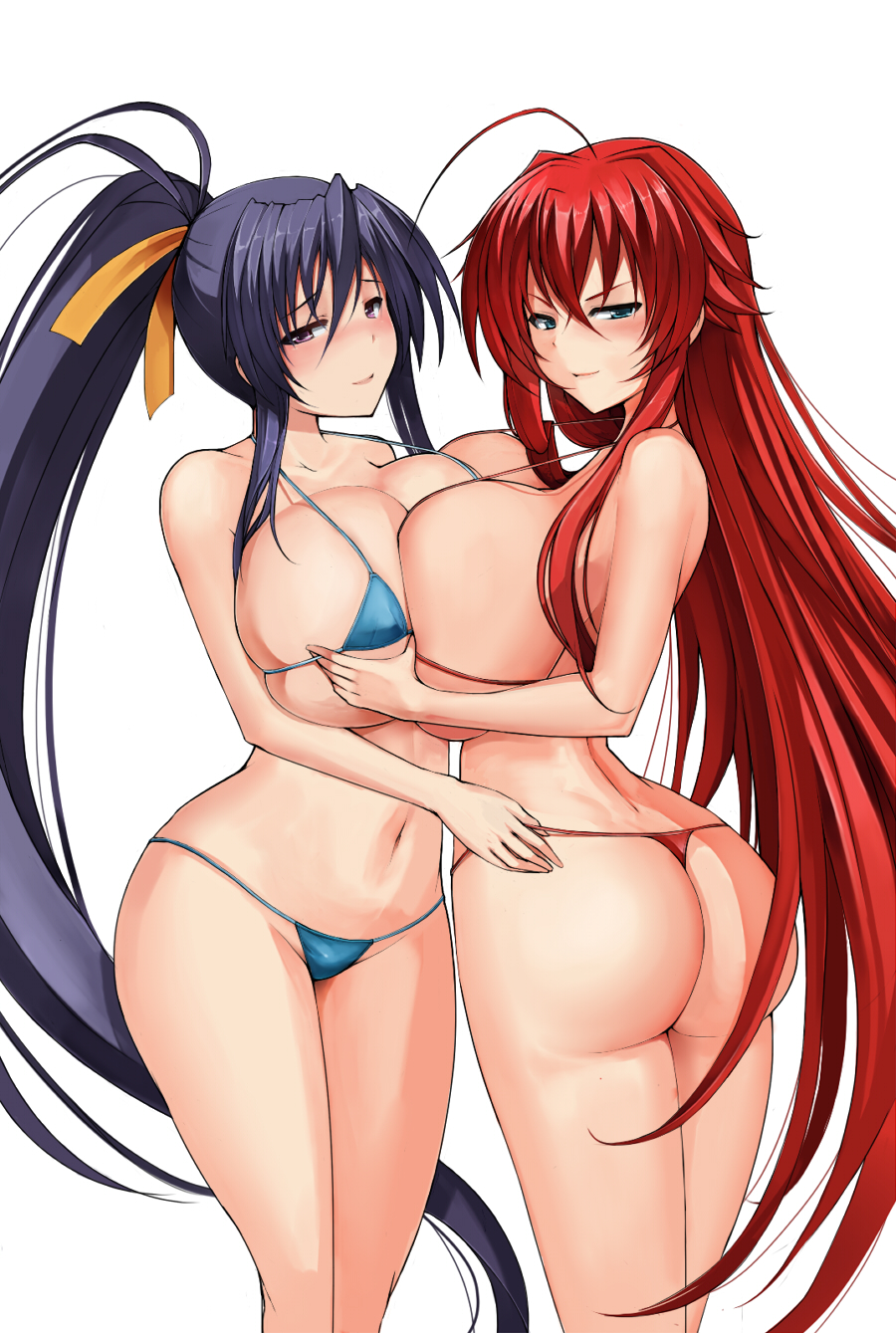 2girls ahoge akeno_himejima ass asymmetrical_docking bikini blue_bikini blue_eyes blue_hair blush breasts cleavage grabbing hair_ribbon high_school_dxd large_breasts long_hair long_red_hair looking_at_viewer metalbolic micro_bikini multiple_girls navel ponytail purple_eyes red_bikini red_hair rias_gremory ribbon simple_background smile standing swimsuit thong tied_hair very_long_hair white_background