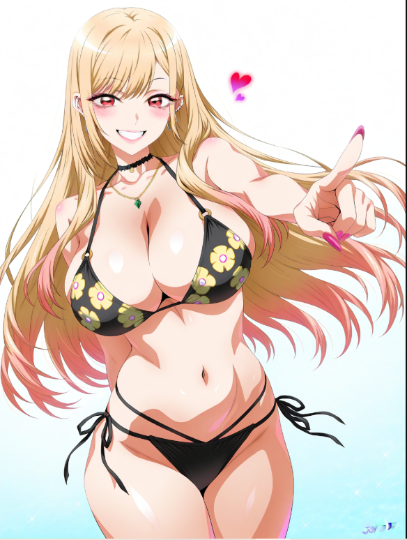 1girls ai_generated bikini blonde_hair blush curvy_body female_focus female_only fit_female kitagawa_marin long_hair looking_at_viewer mature_female panties pointing_at_viewer red_eyes smiling_at_viewer solo_female sono_bisque_doll_wa_koi_wo_suru standing