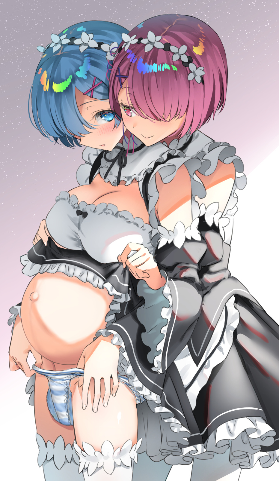 big_breasts birth_denial blocked_birth blue_eyes blue_hair flat_chest giving_birth maid_uniform pink_hair pregnancy pregnant pregnant_female ram_(re:zero) red_eyes rem_(re:zero)