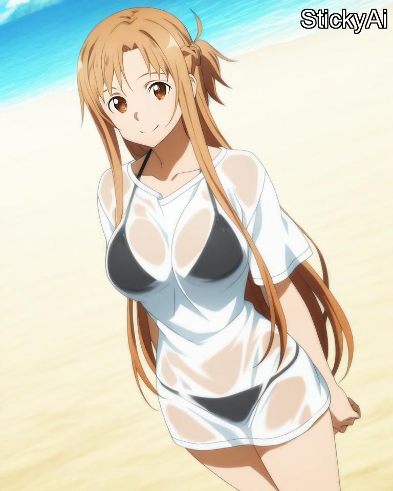 ai_generated asuna_(sao) beach brown_eyes brown_hair large_breasts long_hair shiny_skin stickyai sword_art_online yuuki_asuna