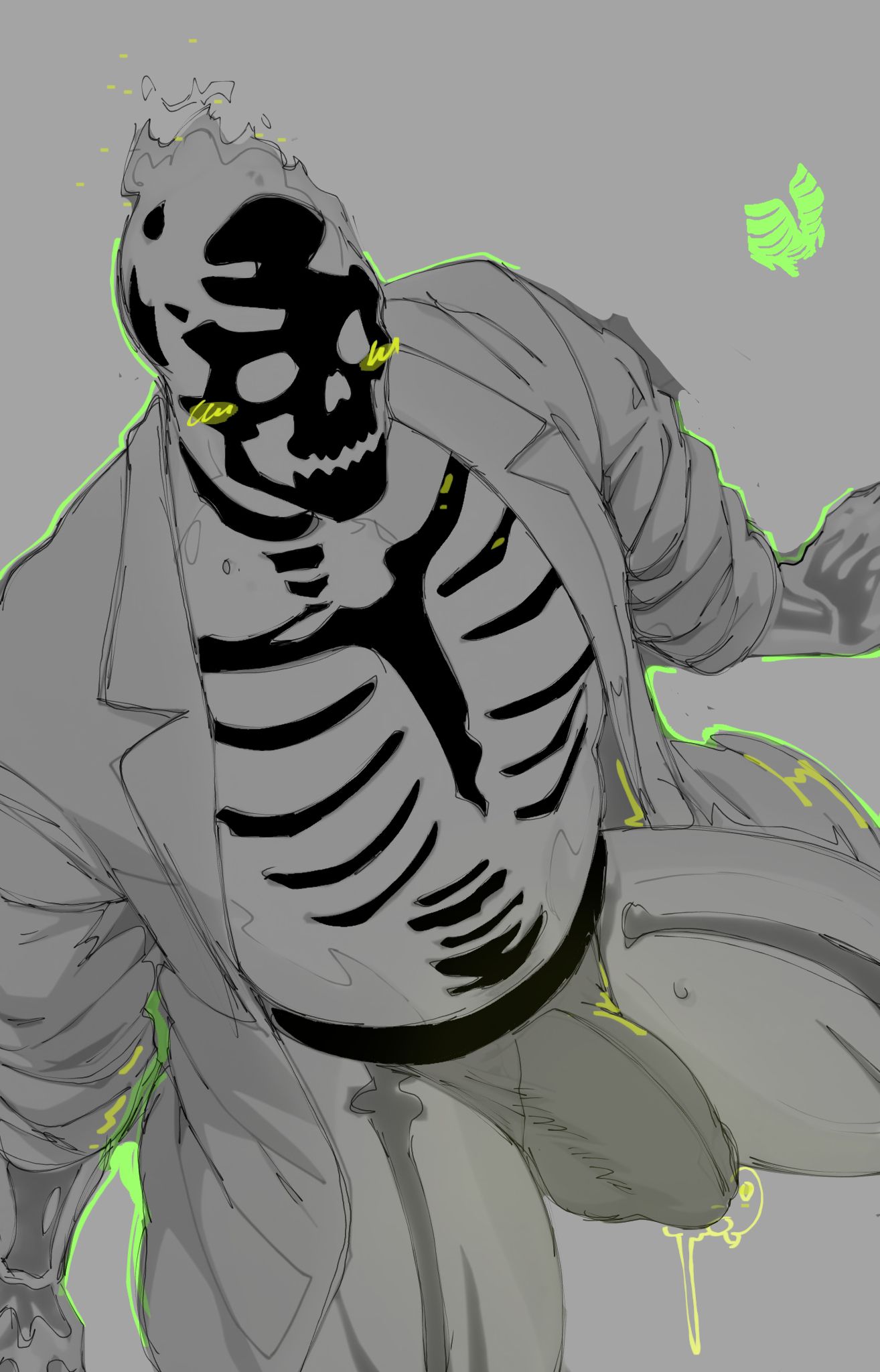 abbamusa410791 bare_chest bodily_fluids bone bulge clothed clothing digital_drawing_(artwork) digital_media_(artwork) dr._phosphorus genital_fluids hi_res jacket jockstrap precum shirtless skeleton skull skull_head topwear underwear