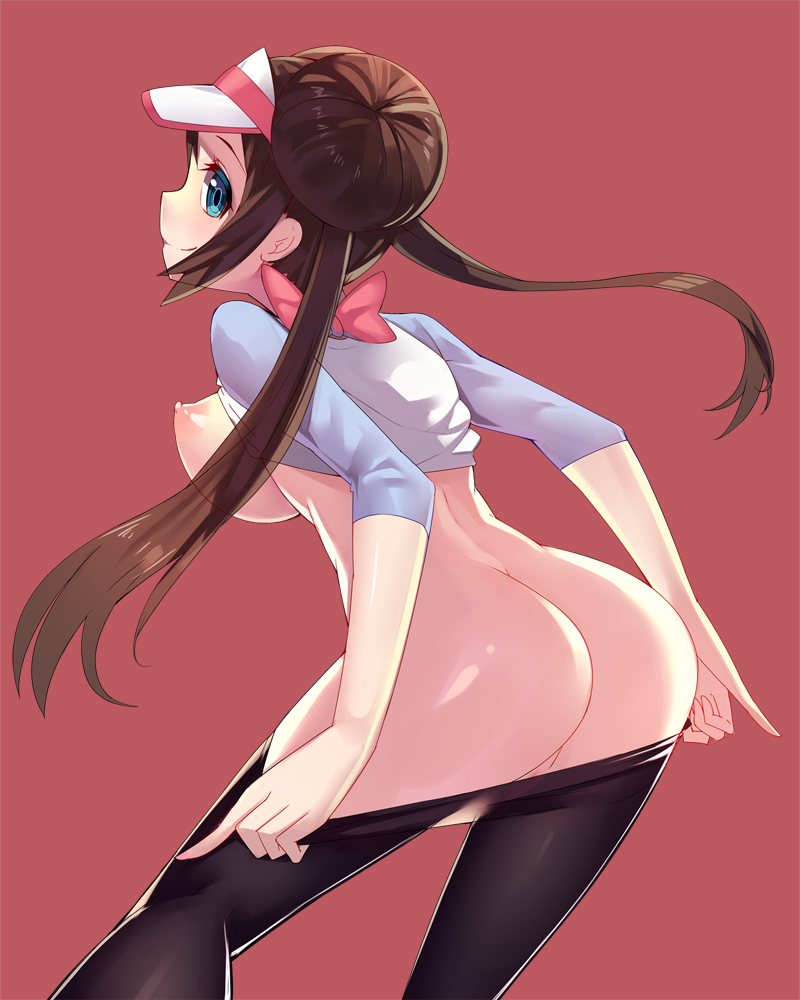 ass, bad id, black legwear, blue eyes, blush, breasts, brown hair, double bun, female, large breasts, long hair, nintendo, pantyhose, pantyhose pull, pokemon, pokemon bw2, raglan sleeves, ririko (zhuoyandesailaer), rosa (pokemon), simple background, smile, solo, tied hair, twintails, visor cap