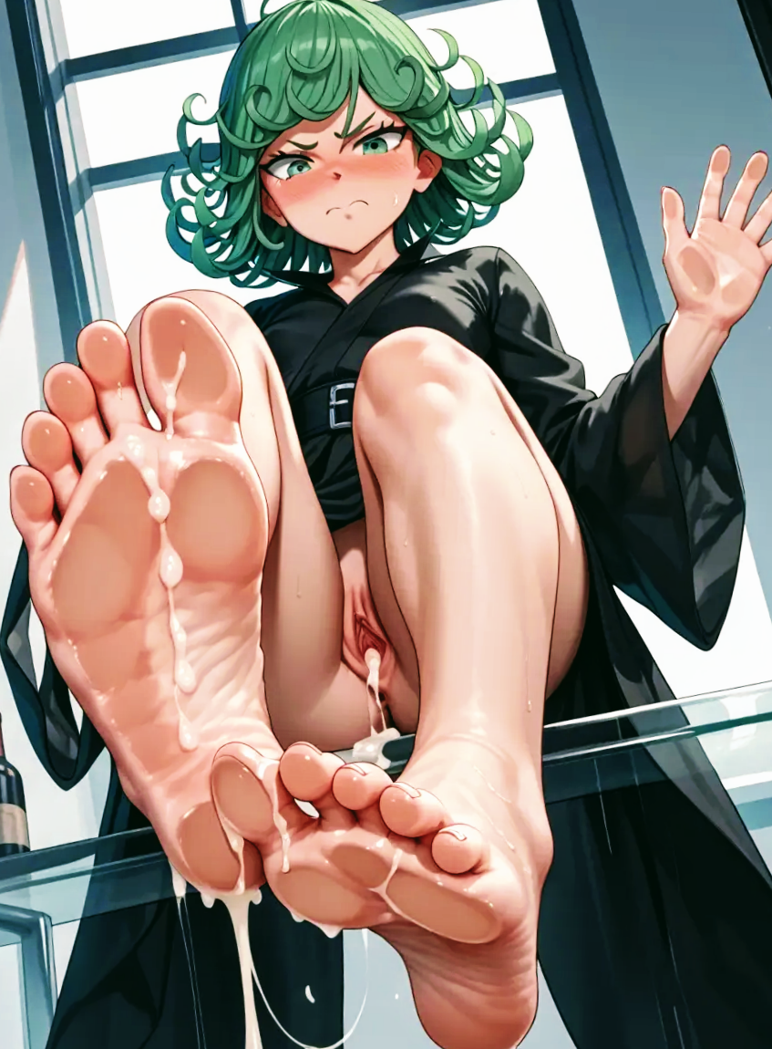 ai_generated anime cum cum_in_pussy cum_inside cum_on_feet feet feet_focus feet_on_glass female female_focus female_only flat_chest flat_chested green_eyes green_hair one-punch_man skinny small_breasts small_tits soles soles_fetish stable_diffusion tatsumaki toes