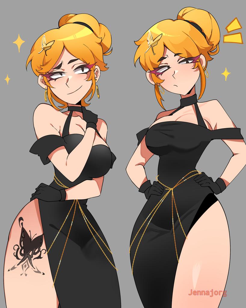 black_dress brawl_stars breasts gold_jewelry hair_ornament hair_pin jenna_jorg mariposa_piper_(brawl_stars) piper_(brawl_stars) questionable supercell thick_thighs