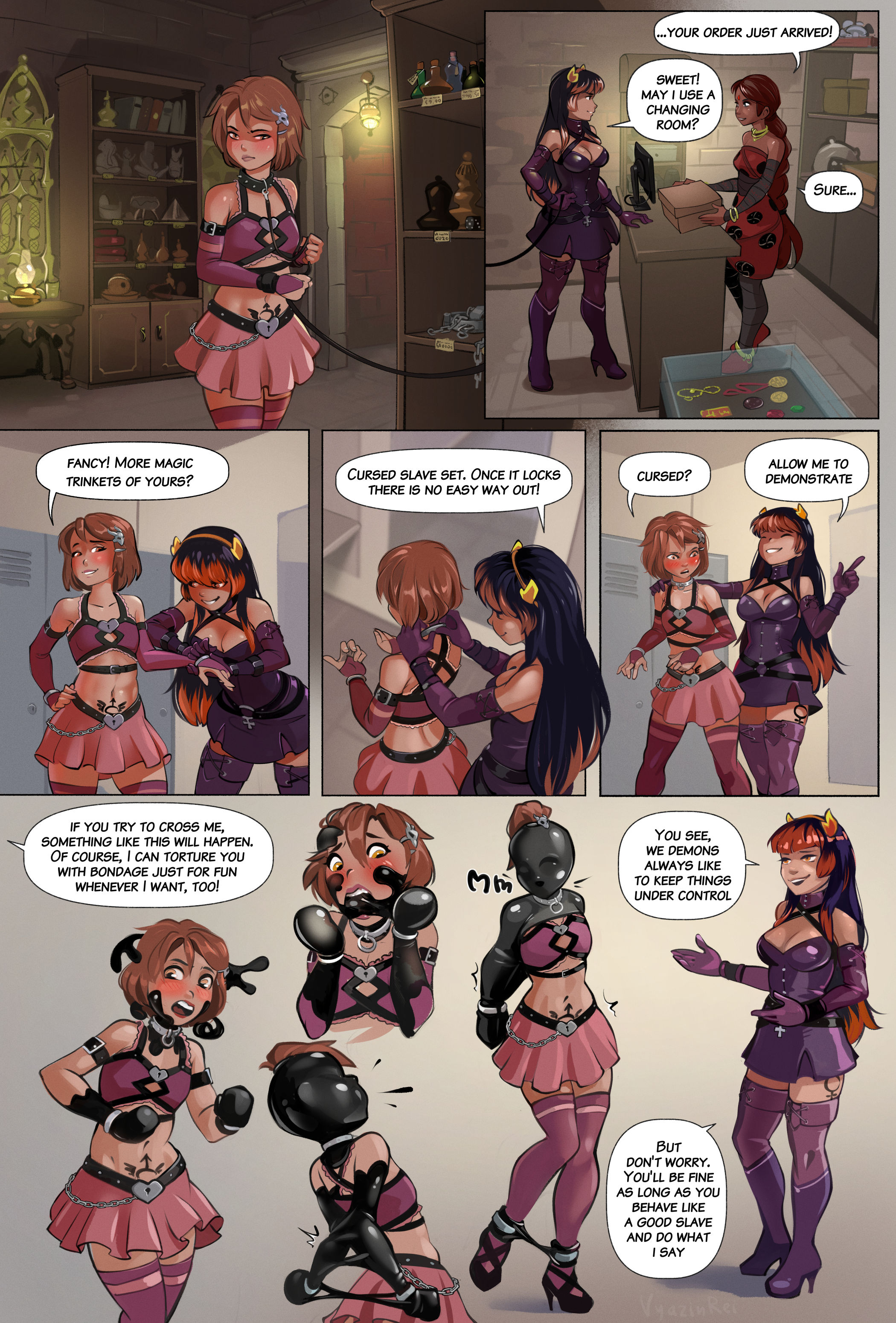 ankle cuffs, armband, armbinder, arms behind back, black hair, bondage hood, brown eyes, brown hair, changing room, collar, comic, crossdressing, crotch tattoo, demon, demon girl, demoness, dialogue, dominant, dominant female, elbow gloves, english, english dialogue, english text, female, femboy, femboysub, femdom, high heel boots, high heels, horns, leash, leash and collar, leashed collar, locker room, male, malesub, metal collar, midriff, multicolored hair, orange eyes, orange hair, original, original character, pink stockings, pubic tattoo, purple stockings, restrained, restrained arms, restraints, skirt, skull hair ornament, spiked collar, stockings, submissive, submissive male, succubus, tattoo, tattoo on thigh, twink, vyazinrei, wrist cuffs