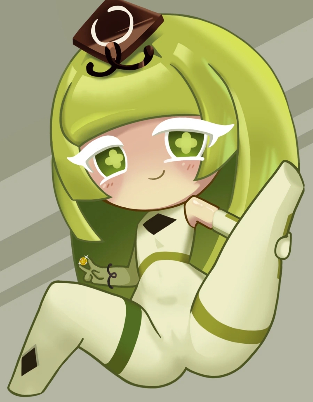 blush, blushing, cookie run, cookie run kingdom, female, green eyes, green tea mousse cookie, looking at viewer, posing, sfw, short, shortstack, solo, solo female, stretching, teasing, wide hips