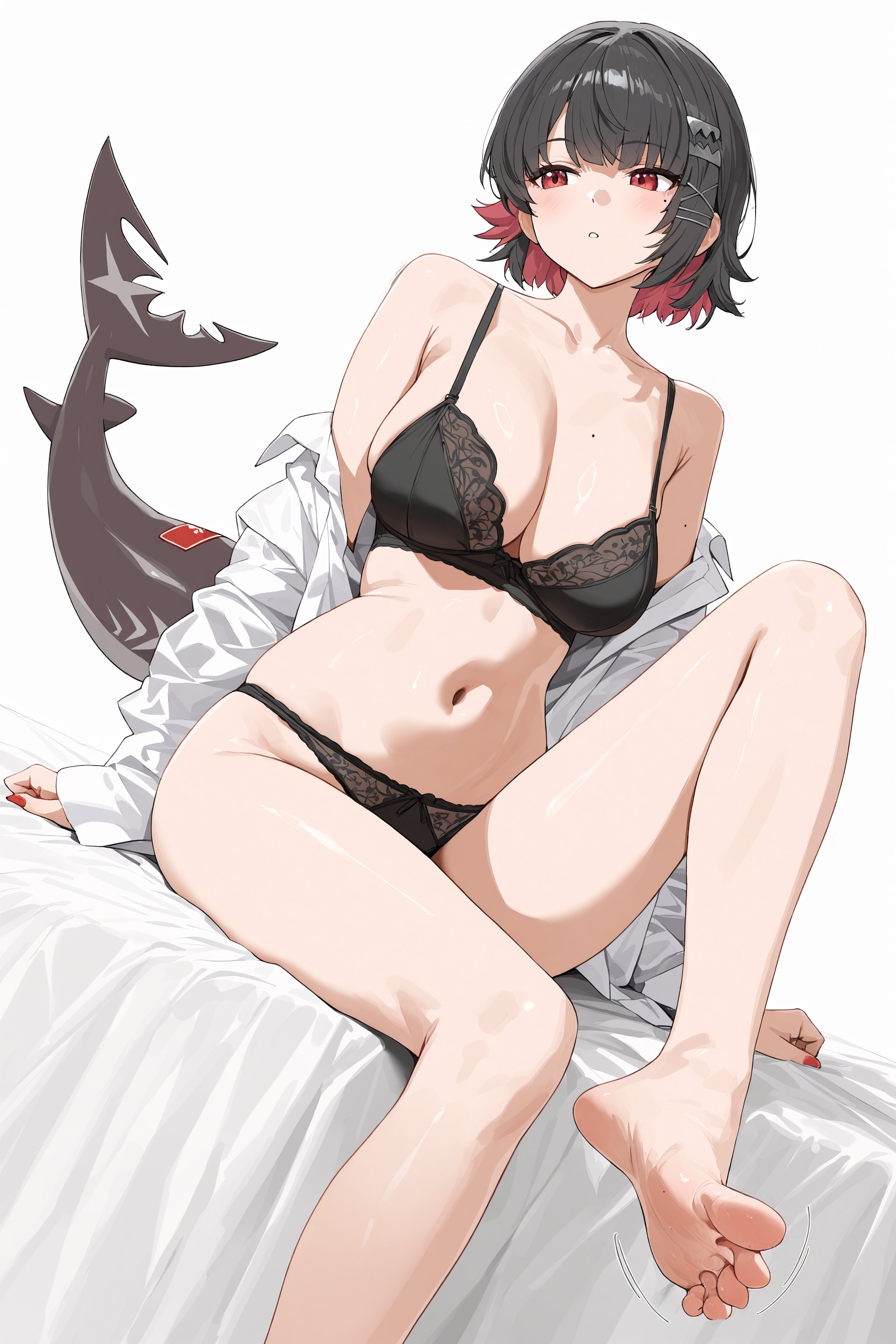 1girls, ai generated, barefoot, big breasts, bikini, black hair, breasts, curvy, eif1348939, ellen joe, feet, female, hi res, large breasts, monster girl, shark, shark girl, shark tail, short hair, solo, thick, zenless zone zero