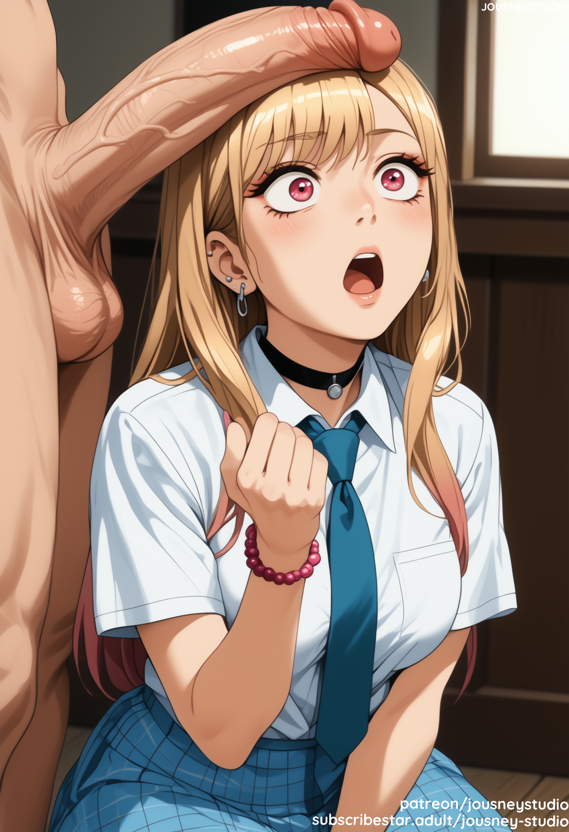 1boy, ai generated, balls, bangs, bead bracelet, black choker, blonde hair, blue skirt, blush, bracelet, breasts, choker, clothed female nude male, clothing, collared shirt, ear piercing, earrings, erection, female, gyaru, huge cock, indoors, jewelry, jousneystudio, kitagawa marin, large breasts, large penis, light skin, light-skinned female, long hair, looking at penis, looking at viewer, looking up, male, medium breasts, multicolored hair, nail polish, necklace, necktie, neckwear, nude, open mouth, penis, penis awe, piercing, pink eyes, plaid, plaid skirt, pleated skirt, red eyes, school uniform, sex, shirt, short sleeves, skirt, smile, solo focus, sono bisque doll wa koi wo suru, straight, teeth, testicles, thighs, tongue, tongue out, uncensored, uniform, veins, veiny penis, white shirt