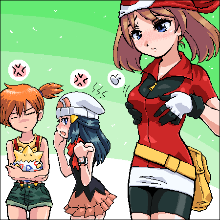 breast_envy dawn_(pokemon) jealous_female johnnie kasumi_(pokemon) may_(pokemon) pokemon pokemon_anime togepi