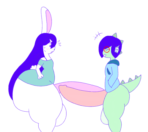 2_penises alternate_species anthro aubrey_(omori) berly_(omori) bottom_heavy comparing_penis furrification furry futanari huge_ass lewd_catz rabbit reptile scalie thick_thighs wide_hips