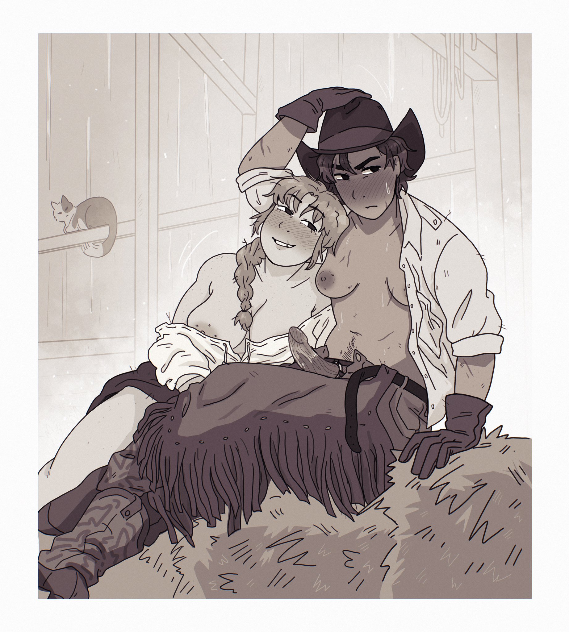 2d, 2girls, abbi (big cats), areolae, barn, big breasts, big cats (webcomic), blush, braid, braided hair, breasts, butch, cowboy hat, cowgirl, cuddling, digital media, dildo, fawnduu, female, female only, fringe trim, glands of montgomery, gloves, hat, hay bale, monochrome, nipples, nude, small breasts, strap-on, strapon, tagme, topless, ty (big cats), yuri