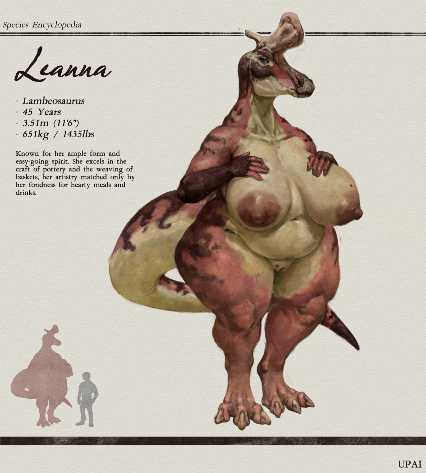 anthro areola beak big_areola big_breasts biped breasts chart claws digital_media_(artwork) dinosaur english_text female female_anthro full-length_portrait genitals hadrosaurid hand_on_breast height_chart hi_res lambeosaurus leanna_(upai) looking_at_viewer model_sheet navel nipples nude ornithischian ornithopod overweight portrait prehistoric_species pussy reptile scalie simple_background solo species_encyclopedia_(upai) standing stated_adult stated_age stated_height stated_weight tail text upai