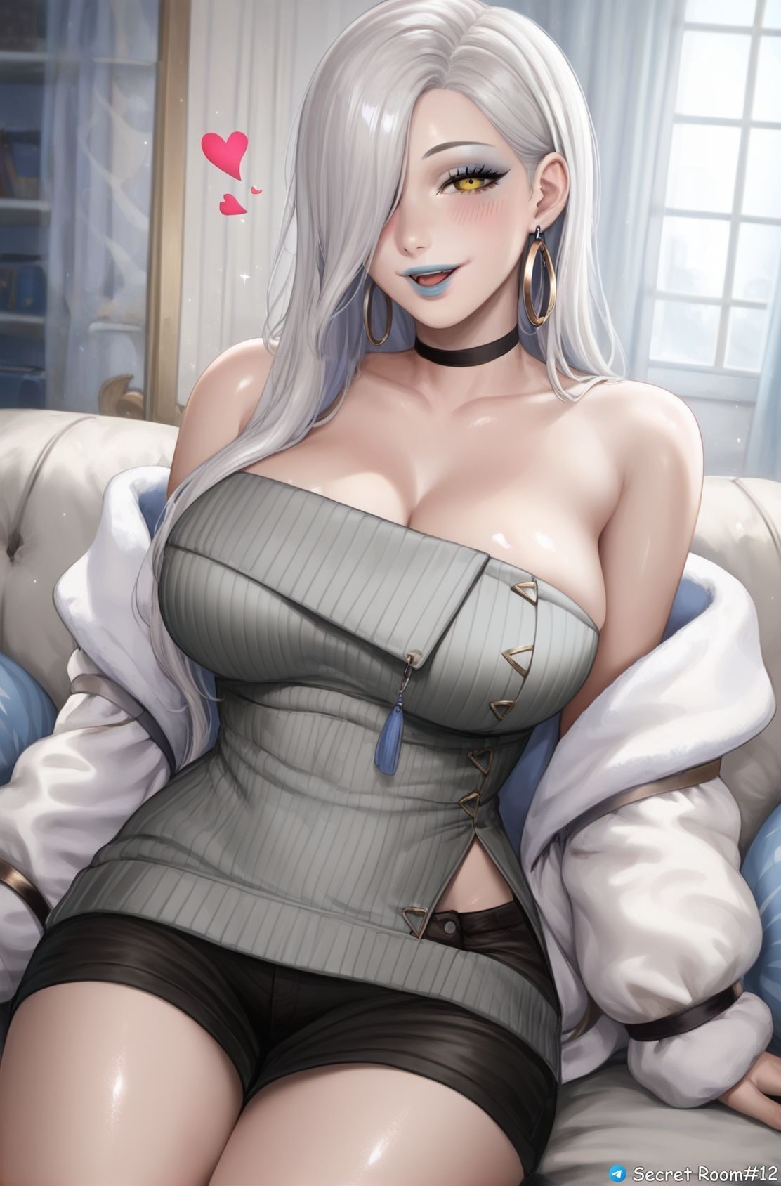 1female ai_generated bare_shoulders big_breasts big_hips blue_hair breasts choker curvy curvy_figure earrings fate/grand_order fate_(series) female heart huge_breasts long_hair looking_at_viewer mature_female mature_woman omi-san_(fate) pale-skinned_female pale_skin pony_diffusion_xl secret_room12 shiny_skin sitting stable_diffusion white_hair wide_breasts yellow_eyes