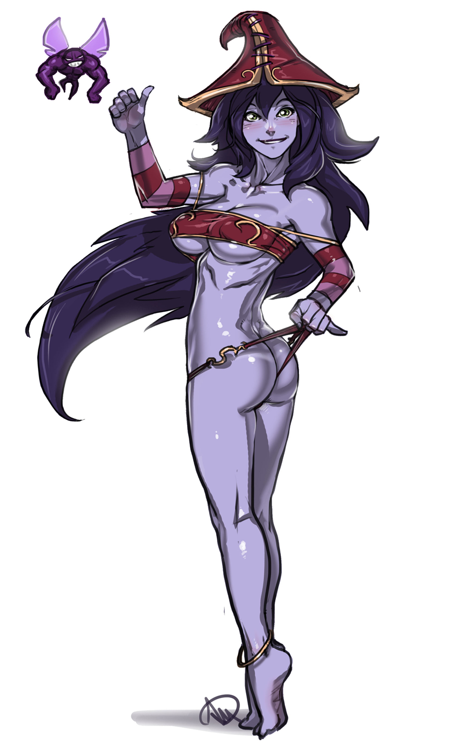 anklet, ass, barefoot, blush, breasts, detached sleeves, female, ganassa, green eyes, hat, league of legends, long hair, lulu the fae sorceress, panties, purple hair, purple skin, riot games, simple background, sleeves, smile, solo, standing, striped sleeves, thong, thumbs up, tiptoes, white background, witch hat, yordle