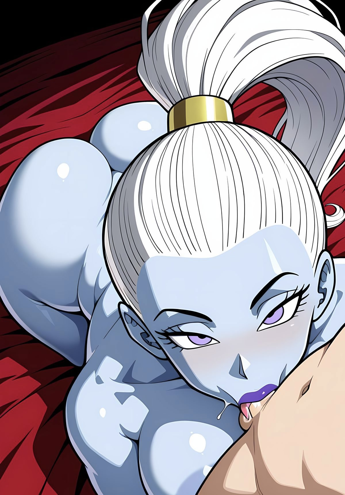 1boy1girl, ai generated, ayyaai, beautiful, beauty, bed, big ass, big breasts, blowjob, blue skin, blush, blushing at viewer, blushing female, breasts, dragon ball, dragon ball super, dragon ball z, eyelashes, fat ass, female, huge breasts, large ass, large breasts, light-skinned male, lipstick, male, on back, penis, ponytail, pov, pov eye contact, purple lipstick, sloppy, sloppy blowjob, sucking, sucking penis, tongue, vados, white hair