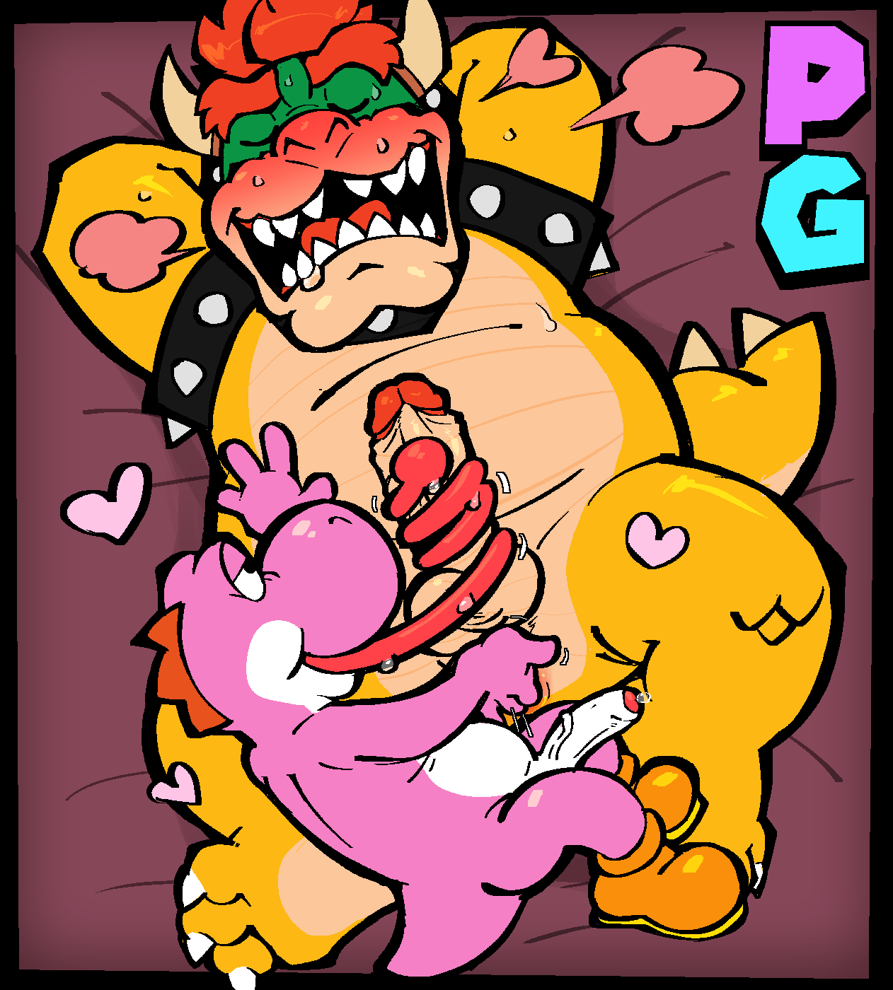 2boys anthro anthro_on_anthro anus arms_behind_head balls bed big_penis blush bowser claws closed_eyes collar dinosaur duo erection fingering fingering_anus furry furry_male furry_only gay gay_sex genitals heart horns king koopa large_penis larger_male licking_penis long_tongue lying_on_back lying_on_bed male male/male mario_(series) naughtybassard nintendo open_mouth penis pink_yoshi red_hair reptile royalty scalie sex sharp_teeth shoes size_difference smaller_male spiked_collar sweat sweating tail tongue tongue_out tongue_wrapped_around_penis torquewintress yoshi