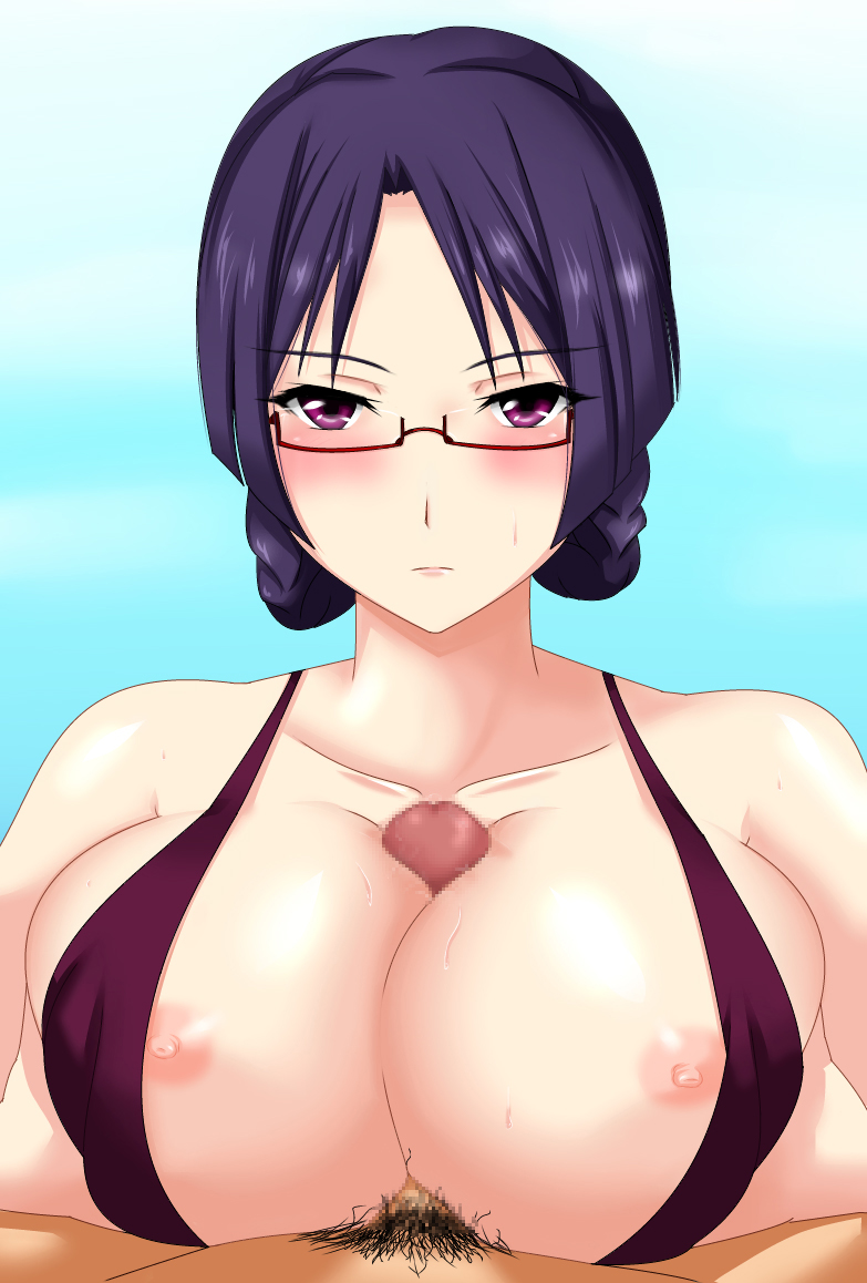 1boy blush breasts censored female glasses juno_(pixiv32541104) large_breasts looking_at_viewer male_pubic_hair nipples paizuri penis pov pubic_hair purple_eyes purple_hair ridget_(suisei_no_gargantia) semi-rimless_glasses suisei_no_gargantia sweat swimsuit under-rim_glasses unseen_male_face