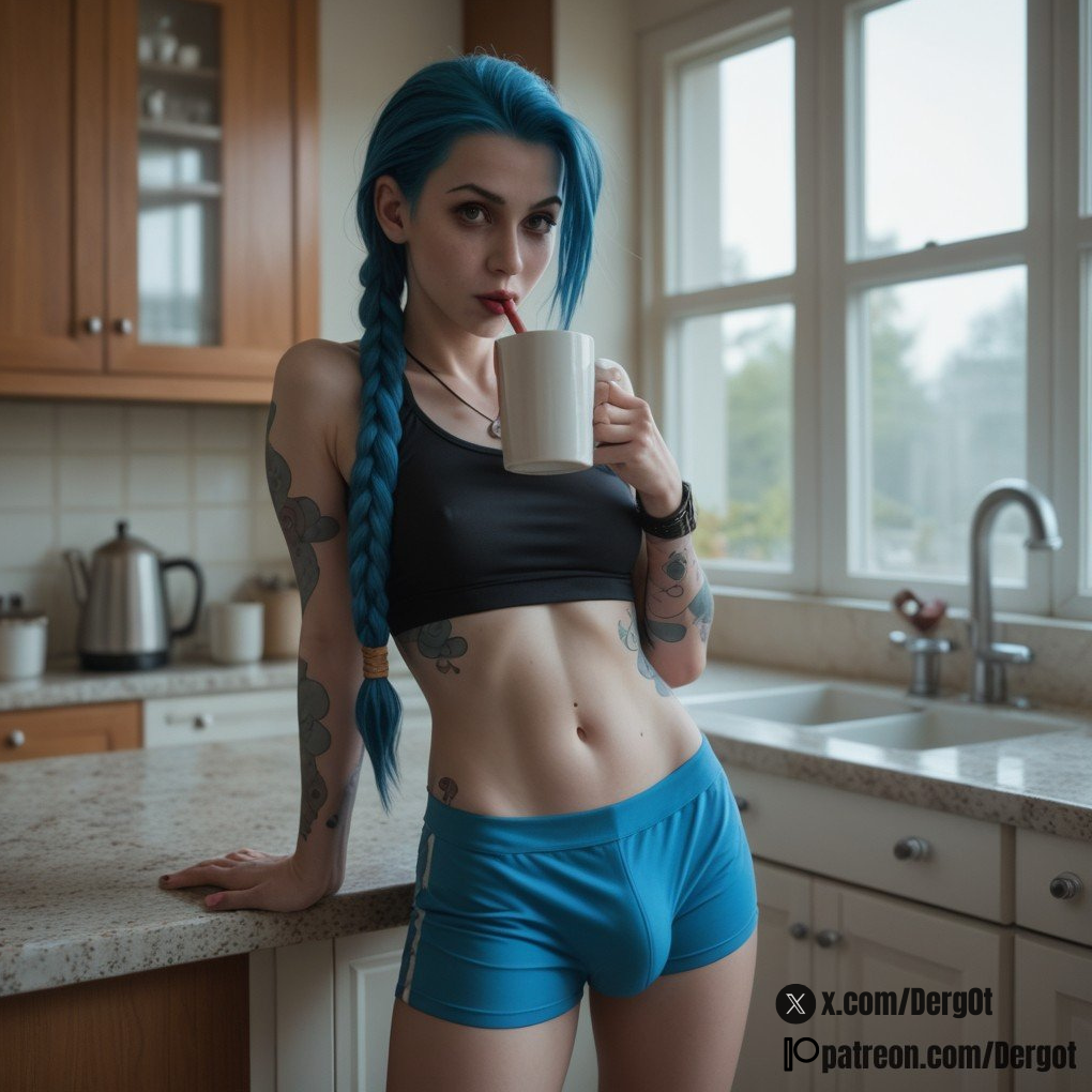 1futa ai_generated anus ass_focus balls big_balls big_bulge big_penis black_topwear blue_eyes blue_hair blue_shorts bulge clothed cup day dergot drinking from_front_position futanari huge_bulge huge_cock indoors intersex jinx_(league_of_legends) kitchen league_of_legends long_hair looking_at_viewer penis penis_bulge photorealistic realistic skinny solo solo_futa standing straw testicles thick_thighs tight_clothing topwear twin_braids watch