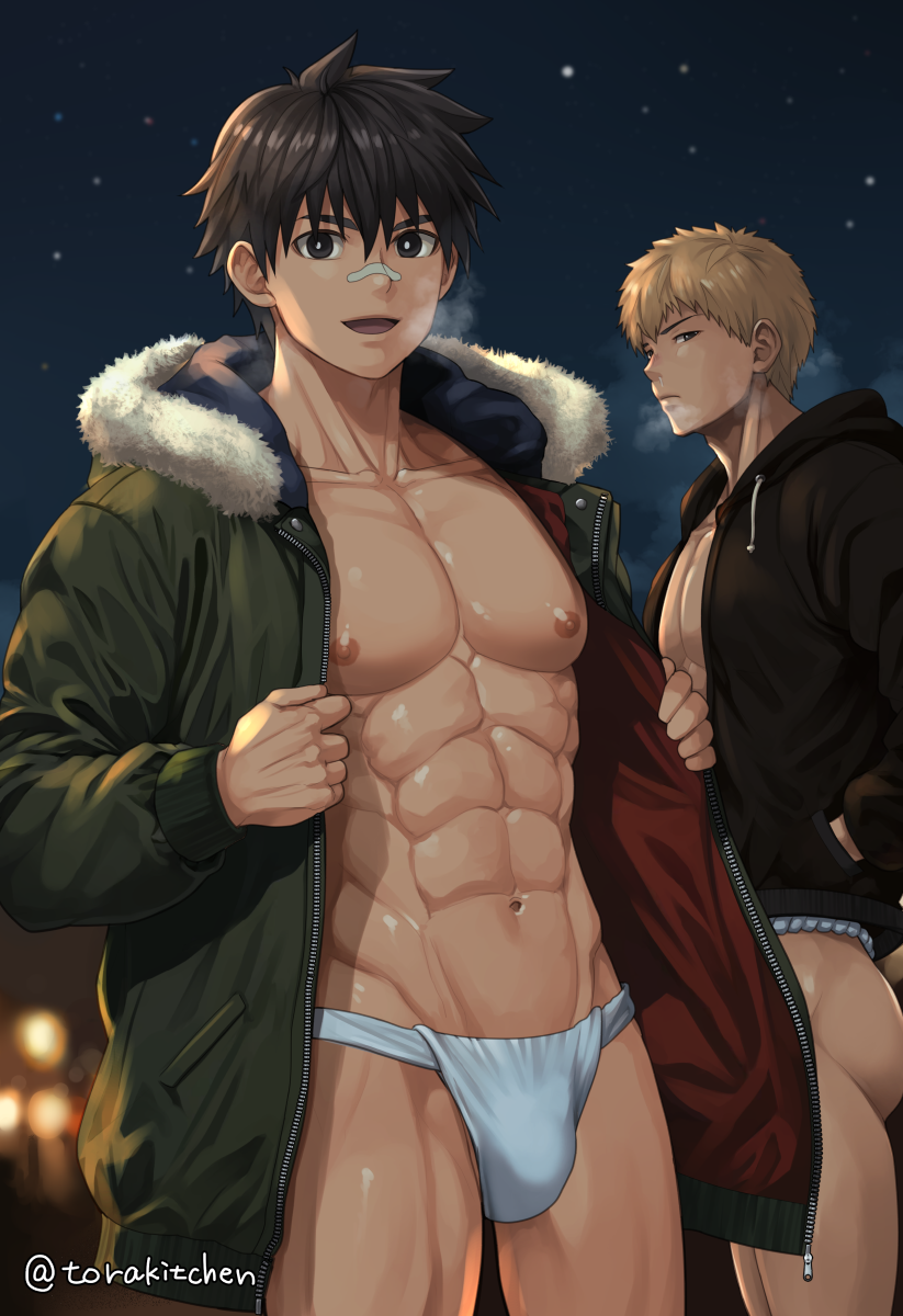 2boys abs ass_visible_through_thighs bandaid bandaid_on_nose big_areola big_breasts black_eyes black_hair blonde_hair bubble_butt bulge bulge_through_clothing cold collarbone ebitendon erect_nipples fundoshi gay grabbing_clothing hand_on_clothing hi_res hoodie jacket looking_at_viewer male male_breasts male_only mature_male muscles muscular muscular_ass muscular_legs muscular_male muscular_thighs narrowed_eyes navel night night_sky open_clothes open_mouth oppai original original_character parka pecs rokushaku_fundoshi round_ass short_hair six_pack sky standing star steam steamy_breath thick_eyebrows torakichi_(ebitendon) torakitchen white_fundoshi yaoi young