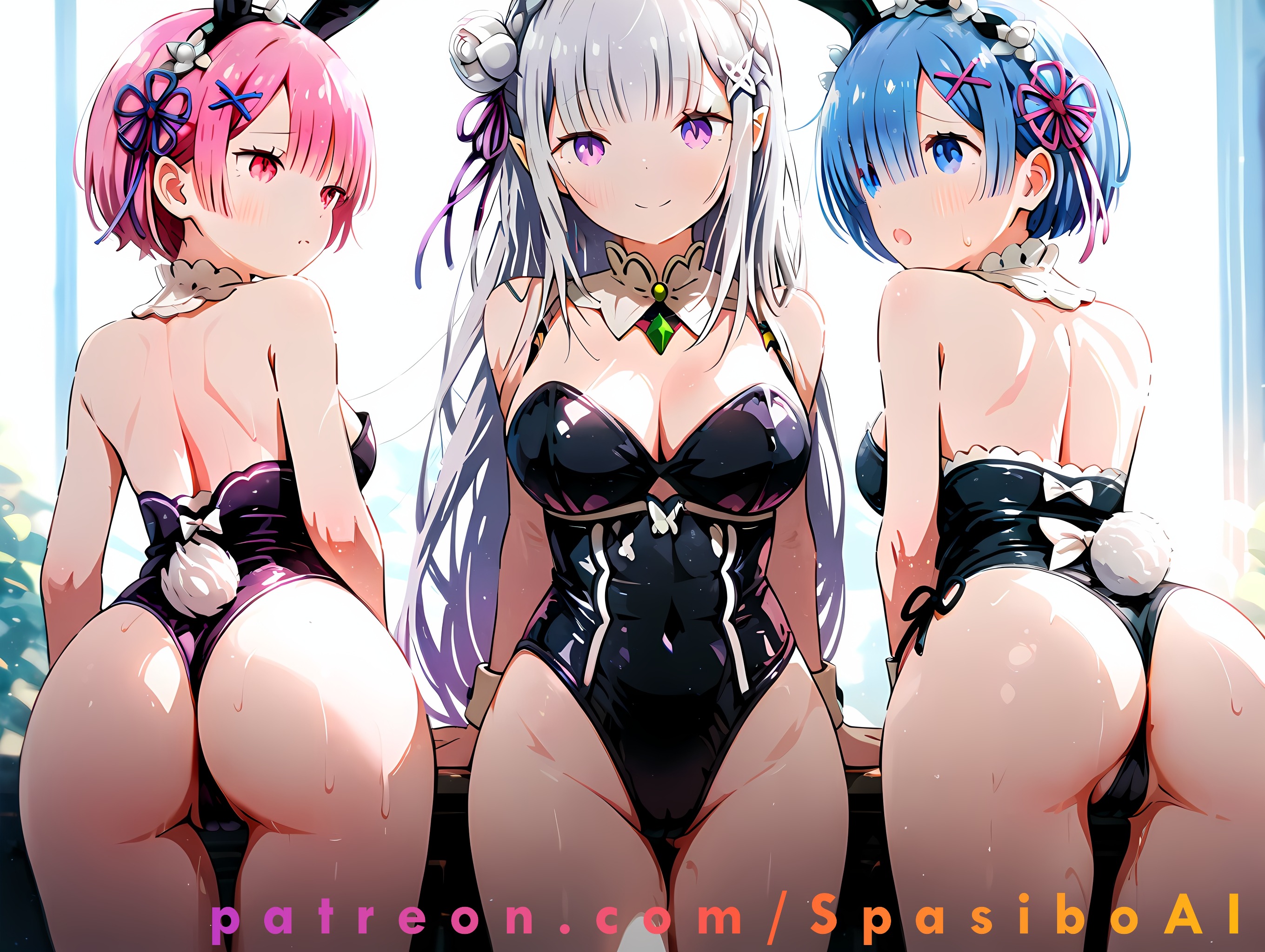 3girls, ai generated, bunnysuit, emilia (re:zero), female, multiple females, multiple girls, ram (re:zero), re:zero kara hajimeru isekai seikatsu, rem (re:zero), spasibo15
