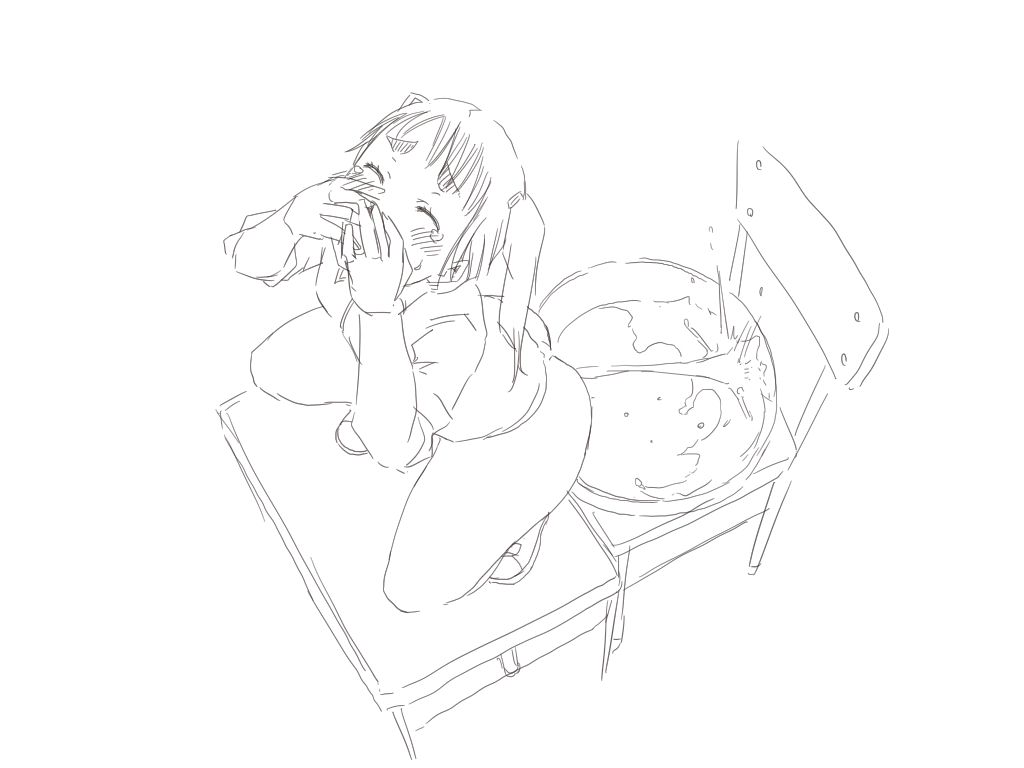 blush bottomless chair closed_eyes covering_mouth desk elk115 eyebrows female from_above monochrome on_desk original school_desk squatting squirting tears tied_hair twintails