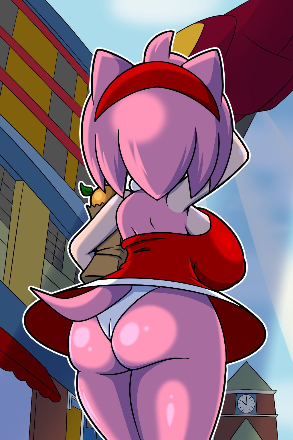 2023 amy_rose anthro ass bag big_breasts big_butt breasts building clock clothed clothing egg_carrier eulipotyphlan female groceries hedgehog hi_res huge_breasts looking_away looking_up low-angle_view mammal nipple_outline panties panty_shot sega solo sonic_(series) sonic_adventure sonic_the_hedgehog_(series) sonicguru tail thick_thighs underwear upskirt white_clothing white_panties white_underwear