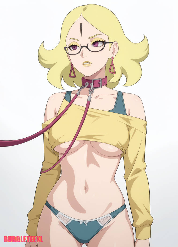 ai_generated bare_shoulders belly_button blonde_hair boruto:_naruto_next_generations boruto:_two_blue_vortex bubbleteexl collar delta_(boruto) earrings forehead_mark glasses leash midriff naruto naruto_(series) navel panties topwear underboob underwear wearing_glasses