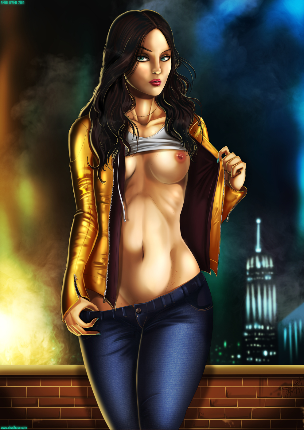 1girls, 2014, april o'neil, april o'neil (tmnt 2k14), areolae, blue eyes, breasts, brown hair, building, celebrity, female, female only, human, jacket, jeans, lipstick, long hair, megan fox, midriff, nailpolish, necklace, nipples, pinup, real person, shadman, shirt lift, solo, suggestive pose, teenage mutant ninja turtles, teenage mutant ninja turtles (2014), text