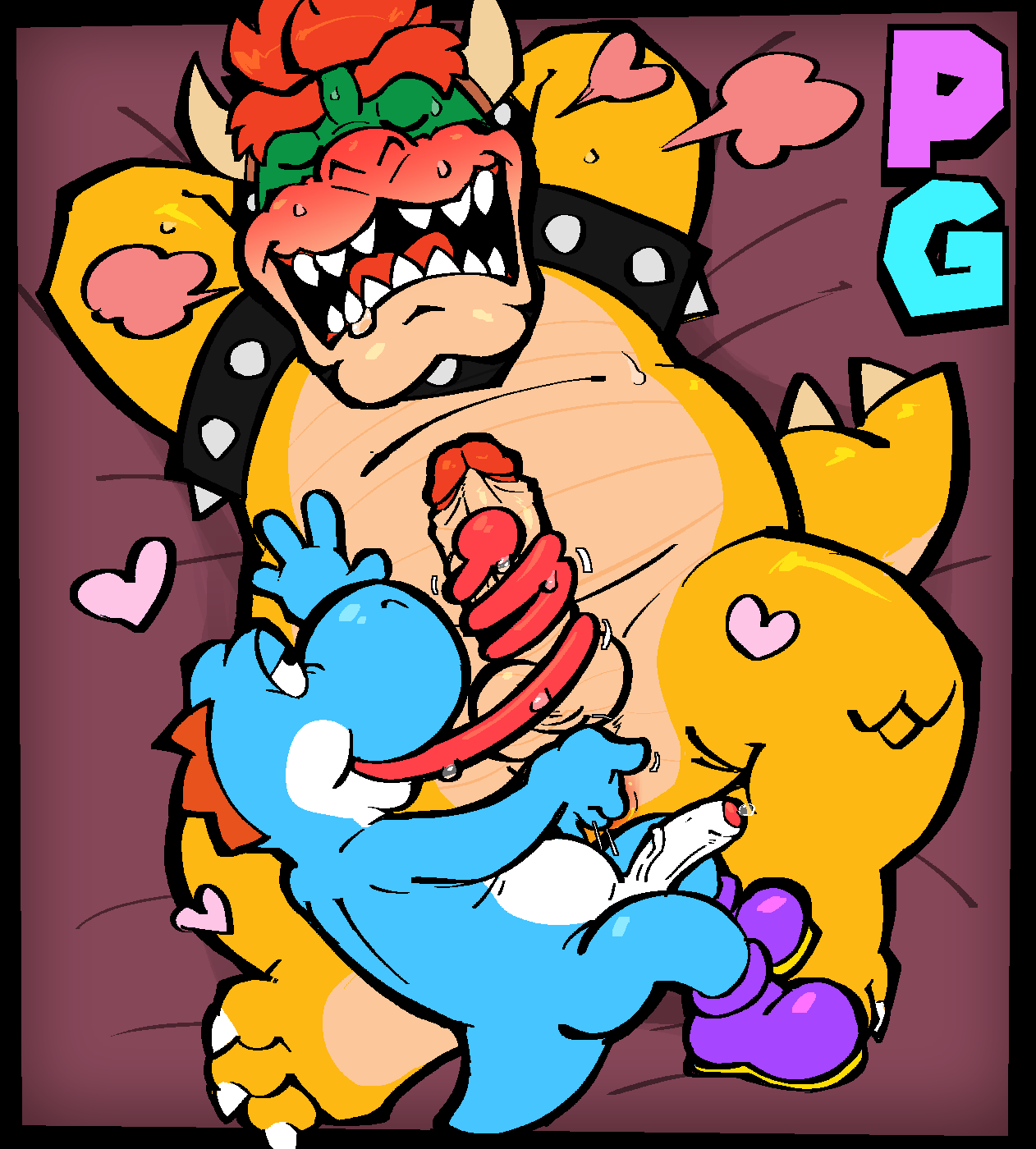 2boys anthro anthro_on_anthro anus arms_behind_head balls big_penis blue_skin blue_yoshi blush bowser claws closed_eyes collar dinosaur duo erection fingering fingering_anus furry furry_male furry_only gay gay_sex genitals heart horns king koopa large_penis larger_male licking_penis lying_on_back lying_on_bed male male/male mario_(series) naughtybassard nintendo open_mouth penis red_hair reptile scalie sex sharp_teeth size_difference smaller_male spiked_collar sweat sweating tail tongue tongue_out tongue_wrapped_around_penis torquewintress yoshi