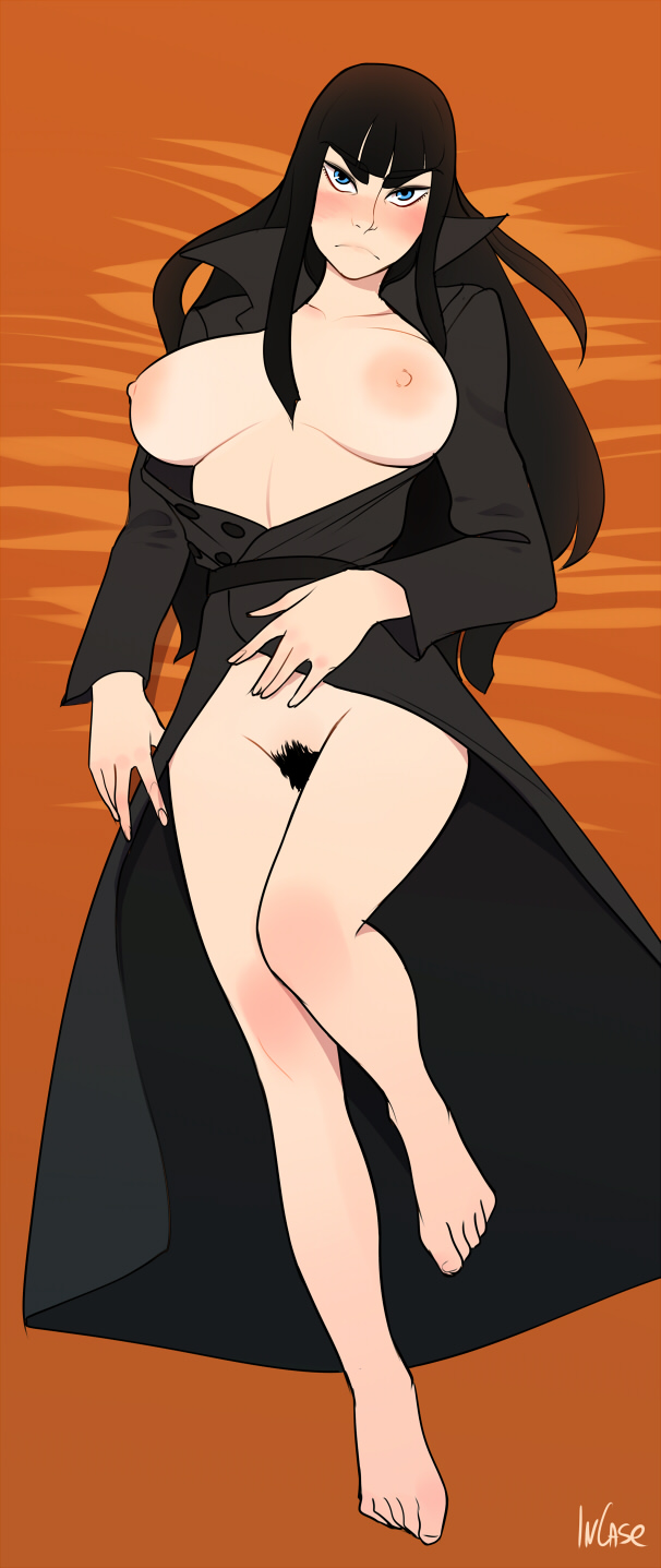 black hair, blue eyes, blush, breasts, coat, female, incase, kill la kill, kiryuuin satsuki, large breasts, long hair, lying, nipples, open clothes, pubic hair, pussy, pussy hair, solo