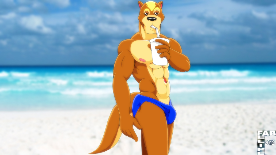 2012 5_fingers abs anthro beach biped black_nose blue_clothing blue_speedo blue_swimwear blurred_background brown_body brown_fur bulge clothed clothing cloud container cup day drinking drinking_straw fabfelipe fingers fur holding_container holding_cup holding_object humanoid_hands looking_at_viewer male mammal muscular muscular_anthro muscular_male mustelid navel nipples otter outside pink_inner_ear pink_nipples portrait sand sea seaside sky solo speedo speedo_only standing swimwear tail tan_body tan_fur three-quarter_portrait topless water yellow_body yellow_fur