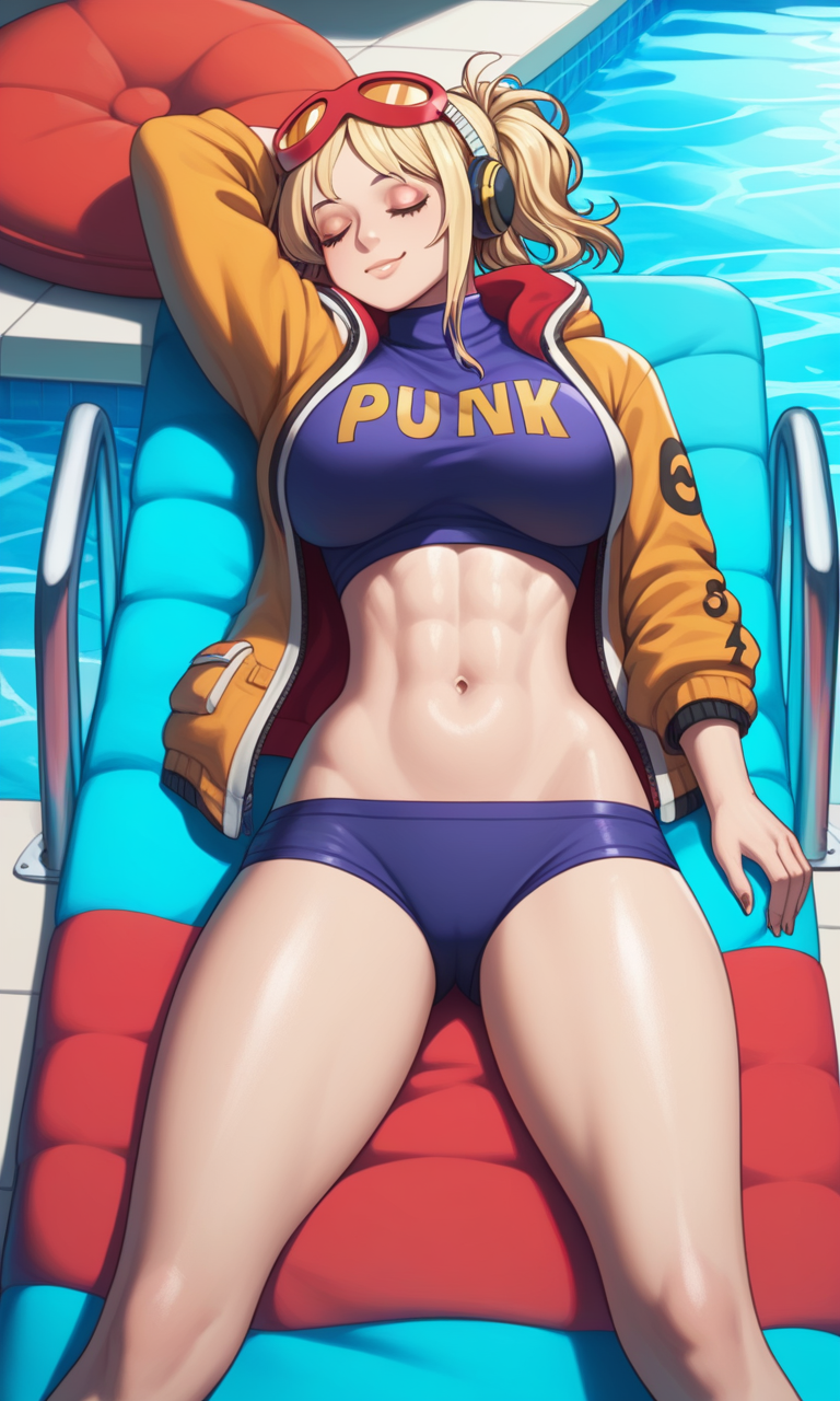 abs ai_generated blonde_female blonde_hair clothed goggles goggles_on_head half_naked headphones jacket joyboy56 lazy midriff navel one_piece pool sleeping swimsuit vegapunk_york