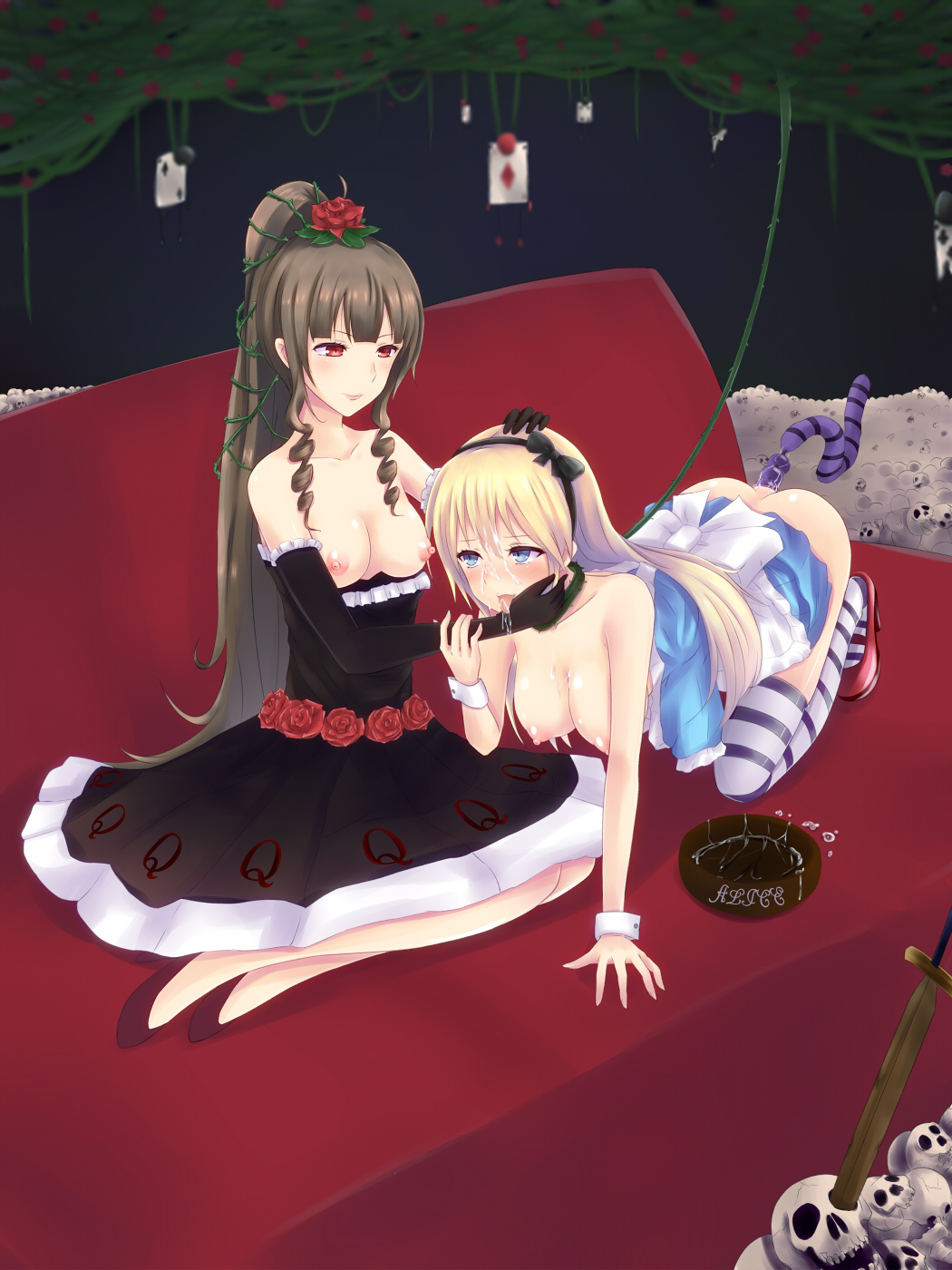 2girls alice_in_wonderland alice_liddell all_fours anal anal_beads anal_beads_tail anal_insertion ass bdsm black_dress black_gloves blonde_hair blue_dress blue_eyes blush bondage bow breasts breasts_out brown_hair buttplug buttplug_tail card collar couch cuff_links cum cum_on_body cum_on_breasts cum_on_face dominatrix dress dress_pull drill_hair elbow_gloves facial female femdom flower frills gloves hair_flower hair_ornament hair_ribbon hand_on_another's_face hand_on_another's_head hand_on_head hanging_breasts high_heels highres large_breasts leash long_hair medium_breasts mijinko_(rioriorio) multiple_girls nipples object_insertion on_couch open_mouth original pet_bowl pet_play petplay playing_card ponytail queen_of_hearts_(alice_in_wonderland) red_eyes red_shoes ribbon rose sex_toy shoes sitting skirt skirt_lift skull skulls slave smile striped striped_legwear striped_thighhighs sword tail thighhighs thorns tied_hair tongue tongue_out underwear vines weapon wrist_cuffs yuri