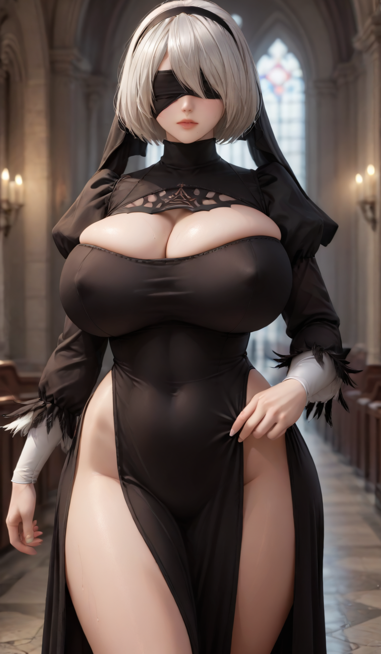 1girls ai_generated android android_girl blindfold church church_interior curvaceous curvaceous_body curvaceous_female curvaceous_figure curvaceous_hips curvaceous_thighs curvy curvy_ass curvy_body curvy_female curvy_figure curvy_hips curvy_thighs hard_nipples headband huge_ass huge_breasts huge_butt huge_hips huge_thighs massive_ass massive_breasts nier nier:_automata nier_(series) nipples_visible_through_clothing nun nun's_habit nun_outfit white_hair wide_hips yorha_2b