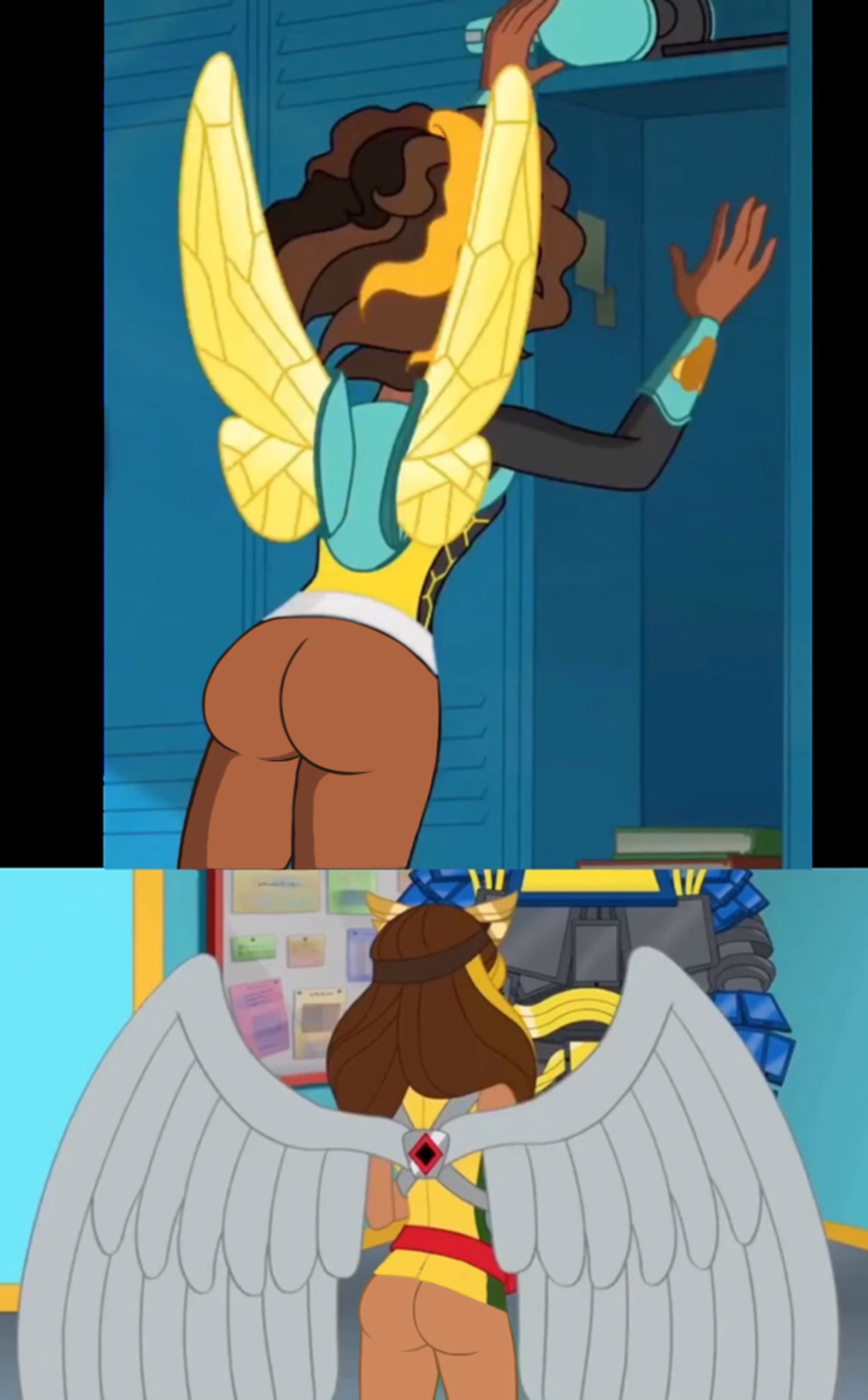 2girls ass ass back_view bee_wings bird_wings bottomless bottomless_female brown_hair bumblebee_(dc) curly_hair dark-skinned_female dark_skin dc dc_comics dc_super_hero_girls dc_super_hero_girls_g1 edit hawkgirl karen_beecher karen_beecher_(shg) locker_room long_hair ponchocop screencap screenshot screenshot_edit straight_hair wings yellow_highlights