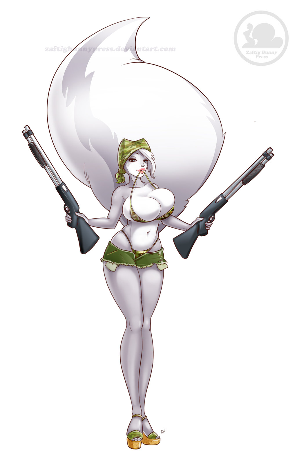 2014 anthro bandana big_breasts bikini blue_eyes breasts clothes color dual_wielding ear_piercing esmeralda_(zaftigbunnypress) female female_only firearm footwear front_view fur furry furry_breasts furry_tail grey_fur gun hair holding holding_gun huge_breasts industrial_piercing lips mammal mouth_hold mustelid navel nipples piercing raised_tail ranged_weapon short_hair shotgun skimpy_clothes skunk solo standing swimsuit tail weapon white_background white_fur white_hair zaftigbunnypress