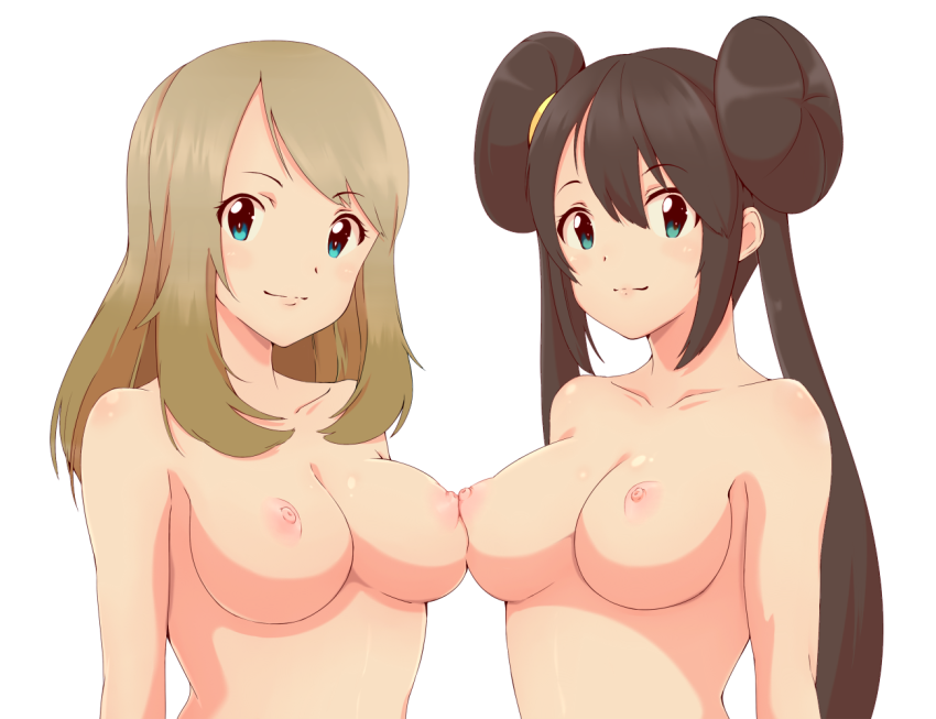 2girls breasts brown_hair double_bun egooo human human_only long_hair multiple_girls nintendo nipples nude pokemon rosa_(pokemon) serena_(pokemon) serena_(pokemon_games) smile tied_hair twintails