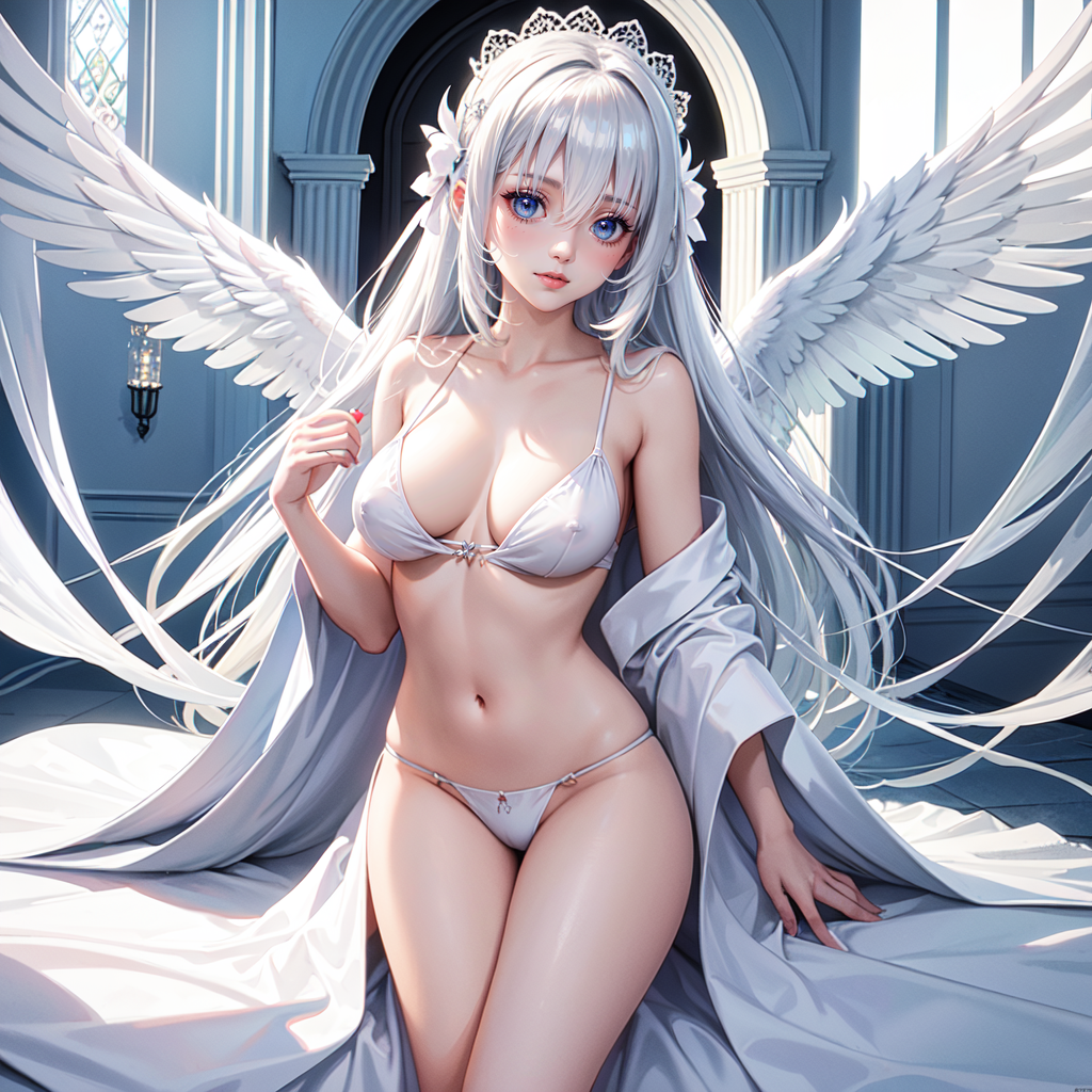 ai_generated angel angel_girl angel_wings blue_eyes looking_at_viewer protruding_nipples slender_waist white_bra white_hair white_panties