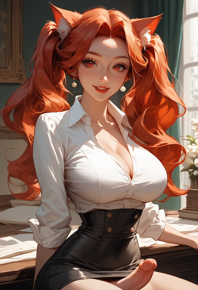 ai_generated big_breasts catgirl female futanari office_lady red_hair