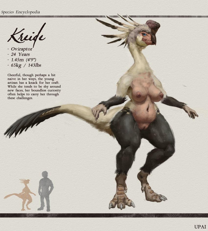 anthro areola beak big_breasts breasts claws digital_media_(artwork) dinosaur feathers female full-length_portrait genitals hi_res kreide_(upai) navel nipples non-mammal_nipples overweight oviraptor oviraptorid portrait prehistoric_species reptile scales scalie solo species_encyclopedia_(upai) standing tail theropod upai