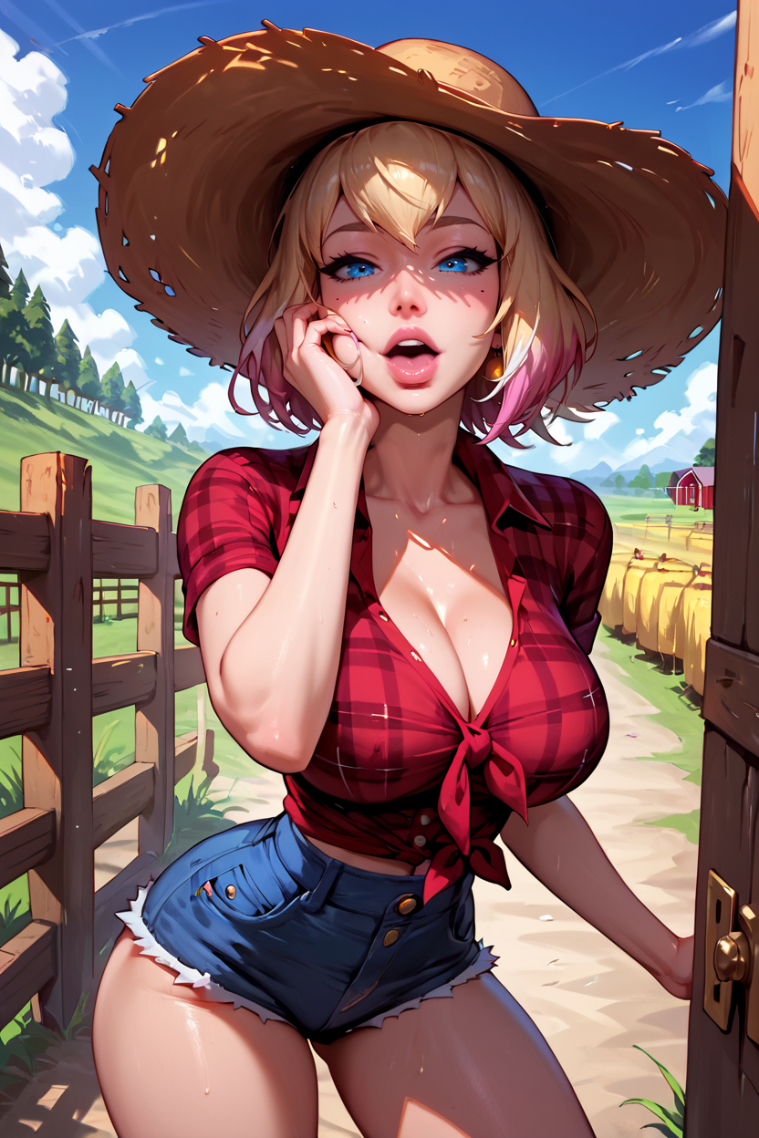 ai_generated big_breasts blonde_hair blue_eyes blue_sky breasts bush cleavage cloud cloudy_sky collarbone colored_hair cutoffs day denim denim_shorts earrings female front-tie_top gradient_hair grass gwenpool gwenpool_(series) hand_on_own_face hat house jewelry large_breasts leaning_forward looking_at_viewer marvel marvel_comics mature mature_female mole mole_on_breast mountain naughtygirlsai open_mouth outdoors palm_tree plaid plaid_shirt plant red_shirt shirt short_hair short_shorts shorts sky solo standing straw_hat sweat teeth tied_shirt tongue tree wooden_fence