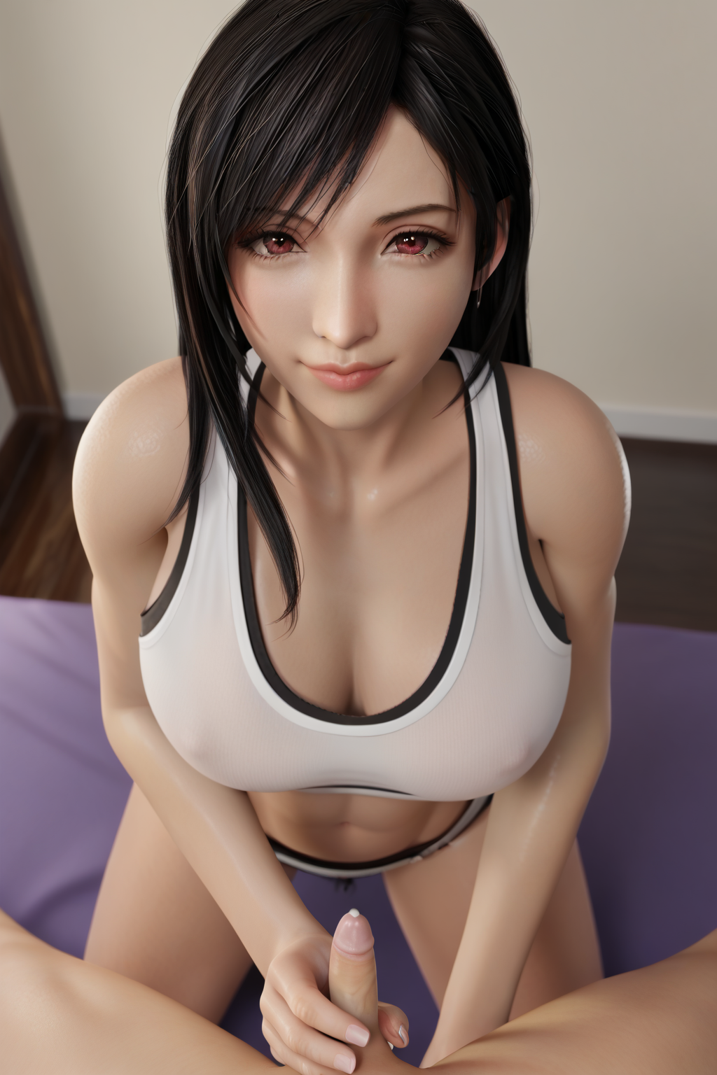 1boy 1girls 3d ai_generated big_breasts black_hair cleavage cum erection female final_fantasy final_fantasy_vii final_fantasy_vii_remake handjob long_hair looking_at_viewer male penis pov premature_ejaculation red_eyes small_penis smile straight tifa_lockhart