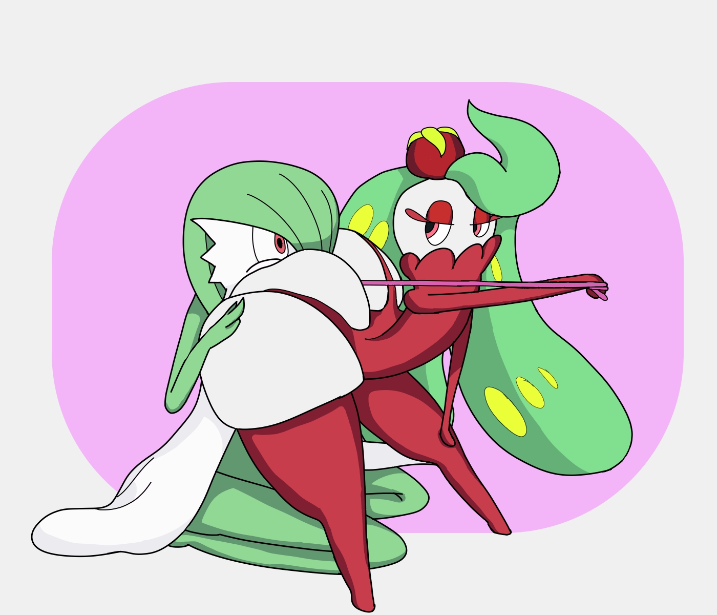 3 fingers, ambiguous gender, ass, bent over, big ass, breasts, collar, domination, dress, eye contact, eyelashes, facesitting, feet, female, female only, flat chest, forced, gardevoir, green hair, green skin, half-closed eyes, hand on leg, hands on ass, holding, huge ass, interspecies, jmf32, kneeling, leash, long hair, looking back, nintendo, no breasts, oral, pink background, plant, pokémon (species), pokemon, pokemon (species), pokemon focus, pokemon only, pokemon rse, pokemon sm, red eyes, short hair, standing, thighhighs, tsareena, white border, white skin