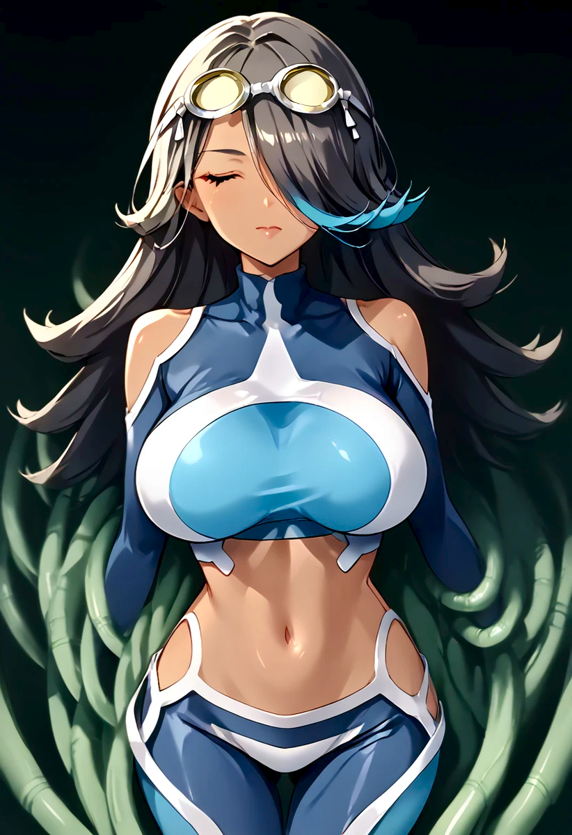 1girls ai_generated belly_button dark-skinned_female dark_skin large_breasts mature_female midriff navel pokemon shelly_(pokemon) shelly_(pokemon_oras) solo team_aqua unconscious