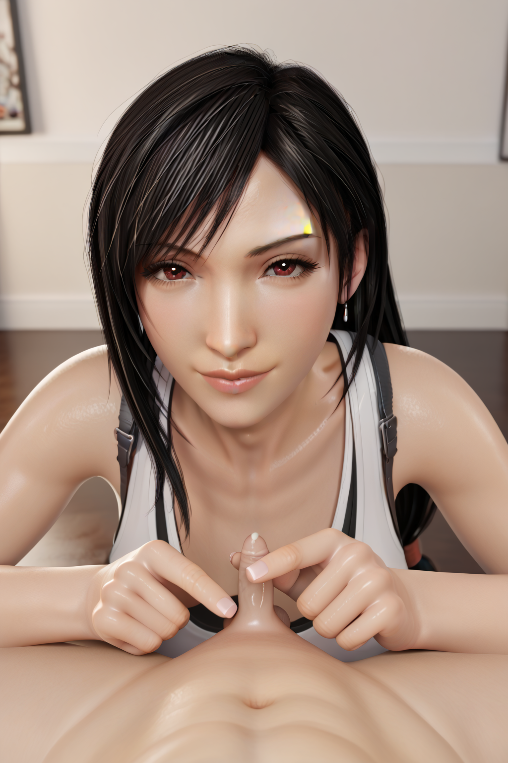 1boy 1girls 3d ai_generated black_hair cum earrings erection female final_fantasy final_fantasy_vii final_fantasy_vii_remake handjob long_hair looking_at_viewer male micropenis penis pov precum red_eyes small_penis smile straight tifa_lockhart