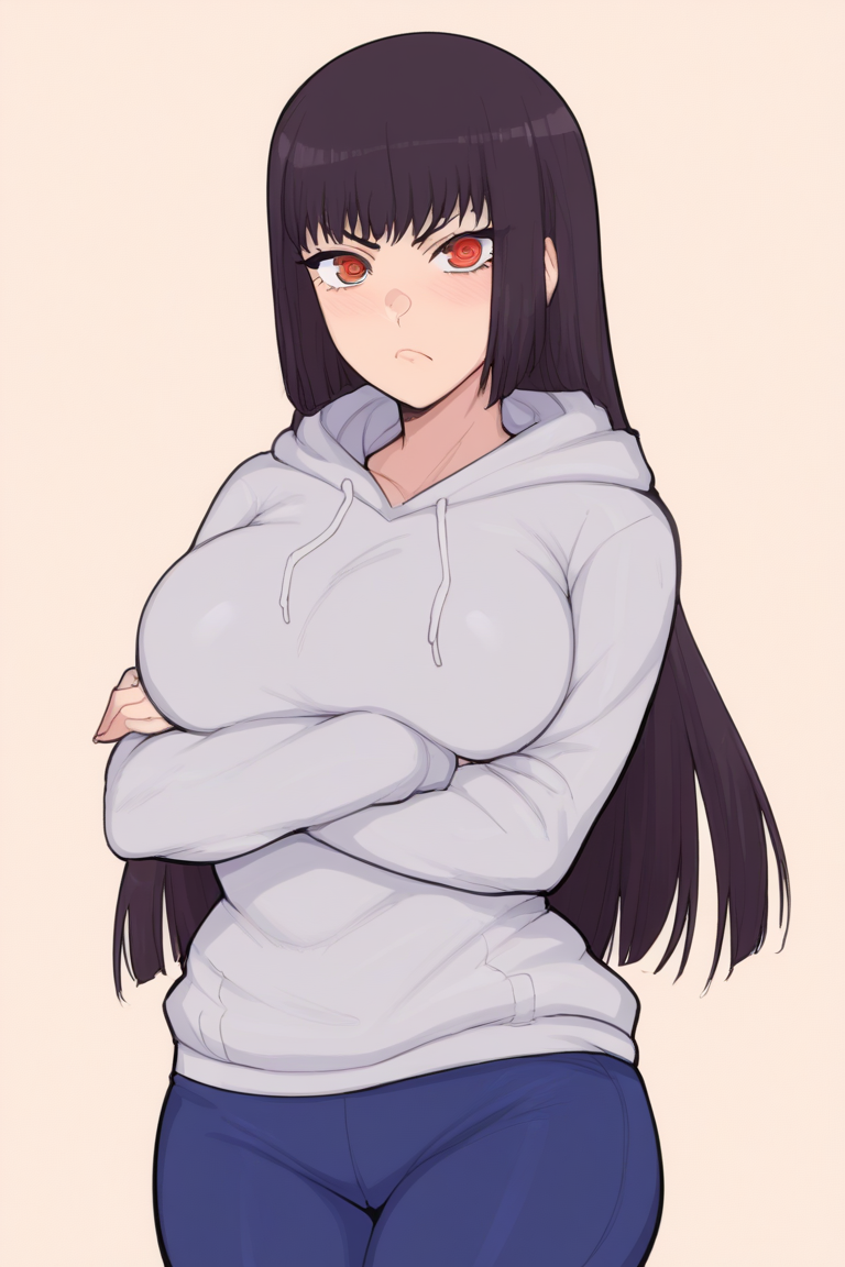 ai_generated blue_pants crossed_arms grey_hoodie huge_breasts sana_sunomiya serious thick_thighs wide_hips