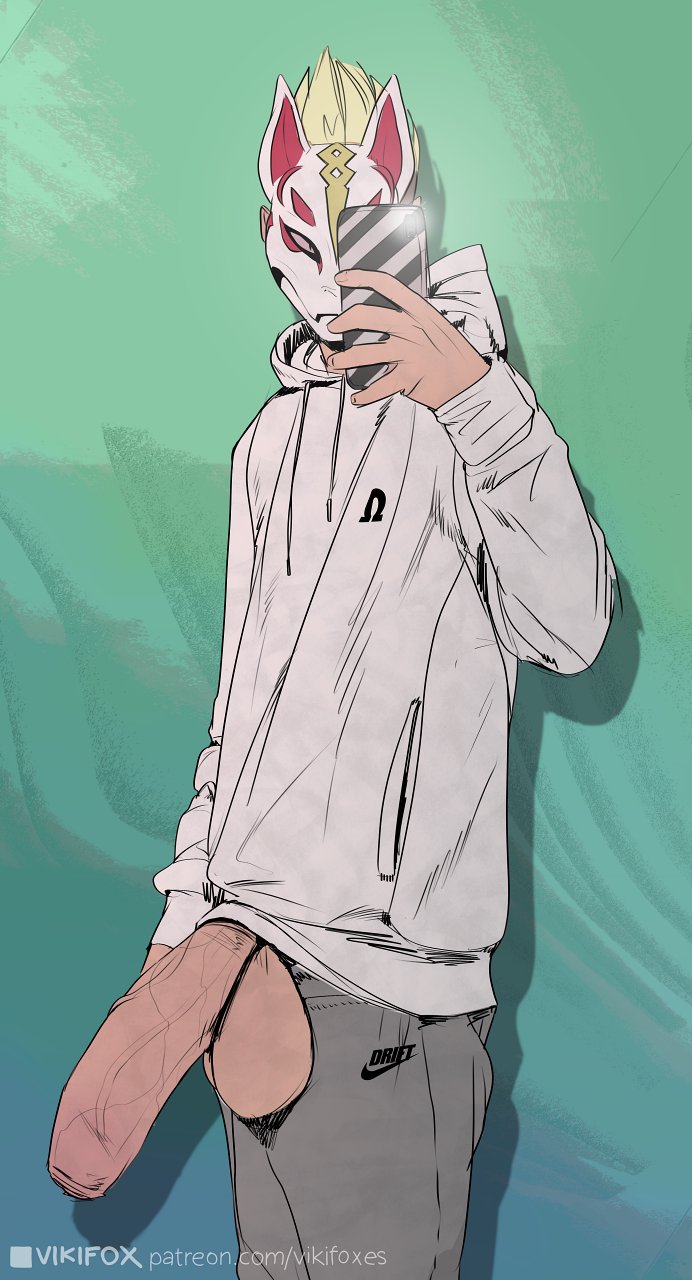 big_penis drift_(fortnite) foreskin foreskin_folds fortnite hoodie looking_at_phone male_only masked masked_male penis phone twink vikifox_(artist)