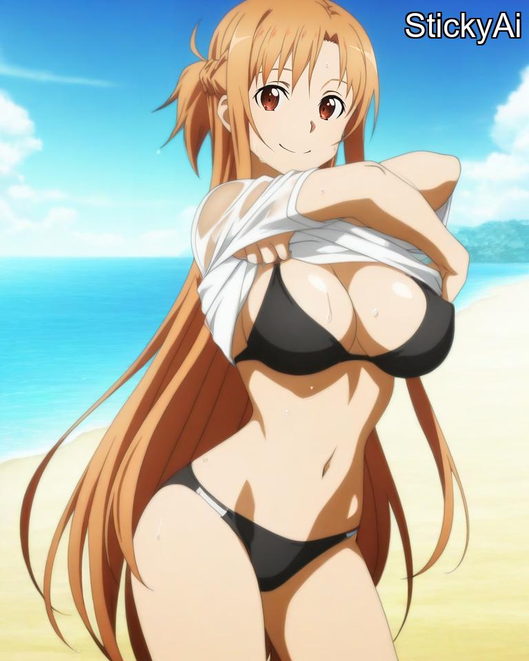 ai_generated asuna_(sao) beach bikini brown_eyes brown_hair large_breasts long_hair shiny_skin stickyai sword_art_online undressing yuuki_asuna